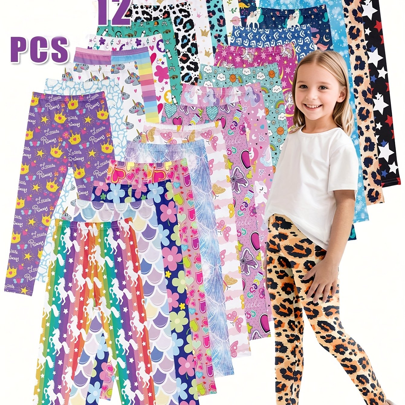 TEMU Random 12pcs Set Of Girls' Comfortable Cute Cartoon Pattern Leggings, Fiber Fabric Material With Digital Printing, Suitable For Girls To Wear