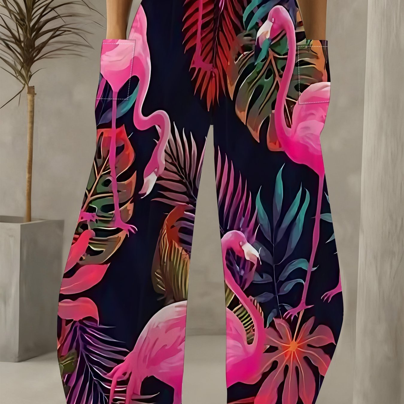 TEMU Nieuwe Zomer 2026 Casual Broek met Hoge Taille en Wijde Pijpen, met een Print van Tropische Palmbladeren en Roze Flamingo's op een Zwarte Basis,