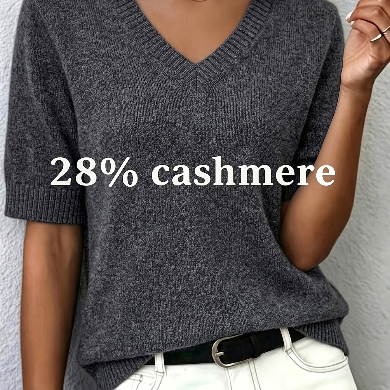 TEMU Plus Size, Women's Cashmere- V-neck Short-sleeve Top, Soft, Comfortable, And Skin-friendly Plush Texture T-shirt, Loose Fit Versatile Basic Top,