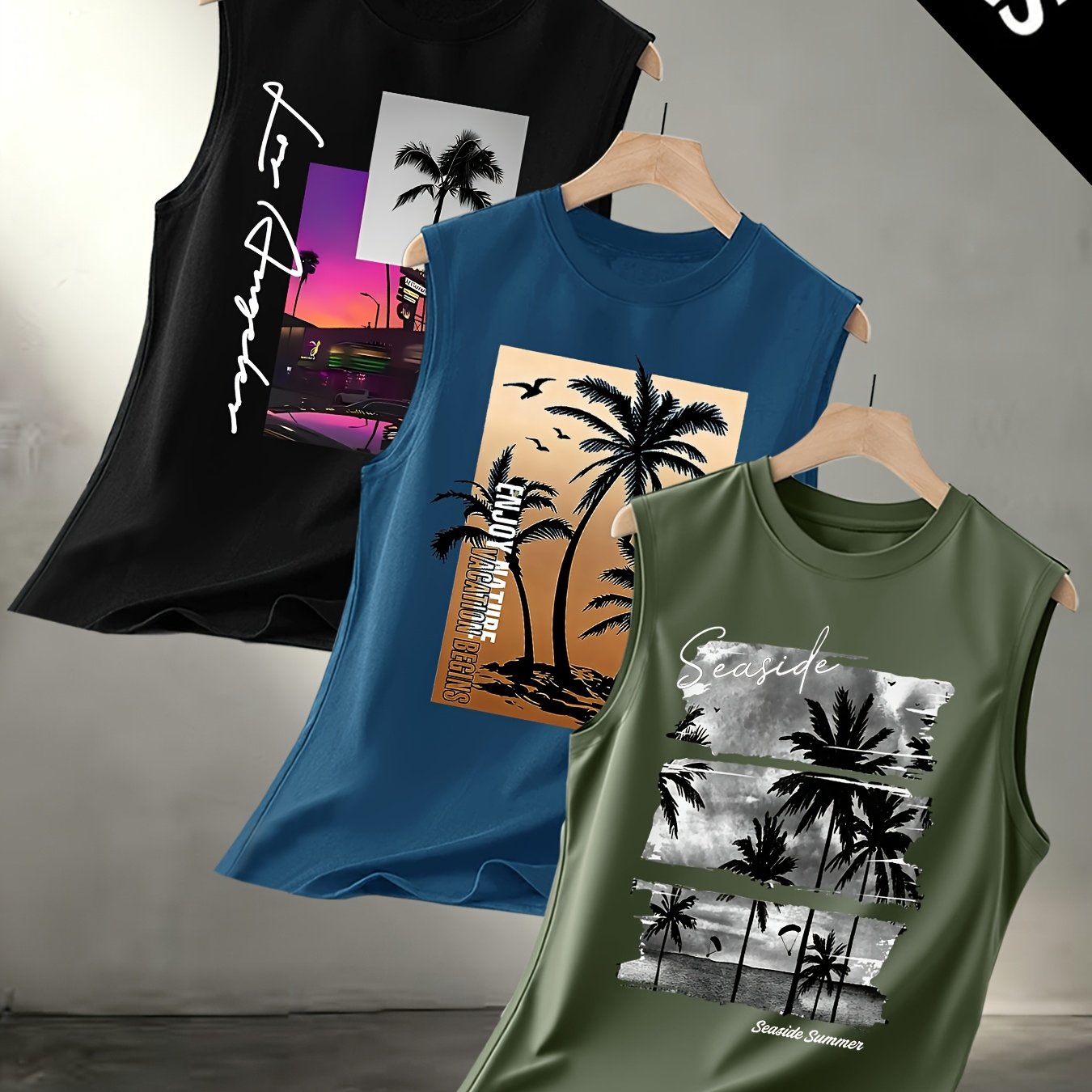 TEMU Conjunto de 3 piezas para hombre, chaleco sin con estampado casual refrescante