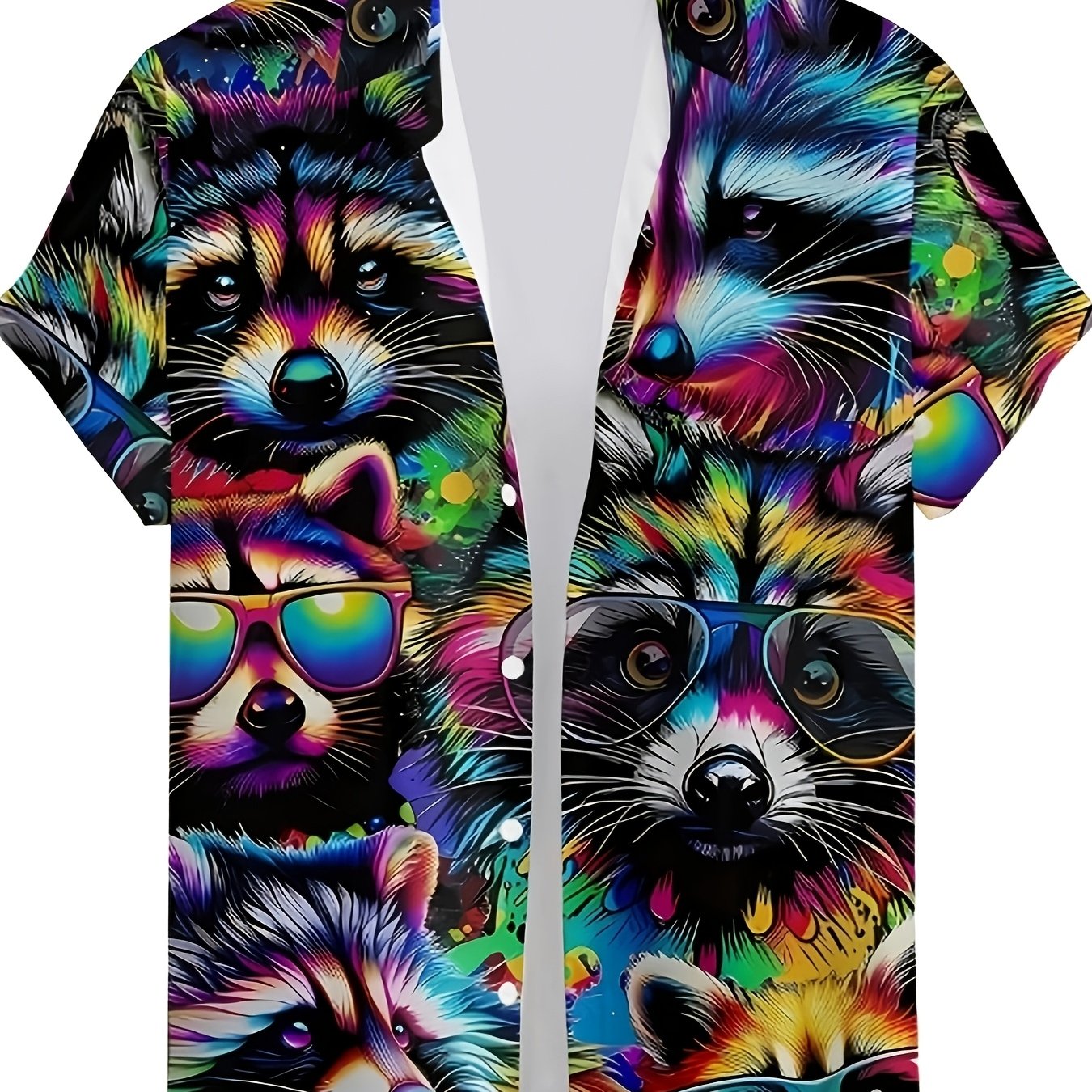 TEMU Colorful Raccoon Print Men's Short-sleeved Lapel Shirt Top, Men's Casual Button- Shirt, Suitable For Daily And Resort Wear, Fashionable , 2