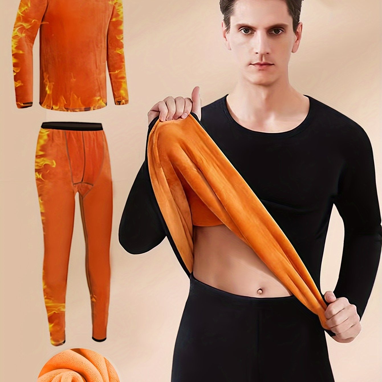 TEMU Men's Winter Thermal Underwear Set - Ultra-thick Fleece, Long Sleeve Top And Pants For Middle-aged To Elderly