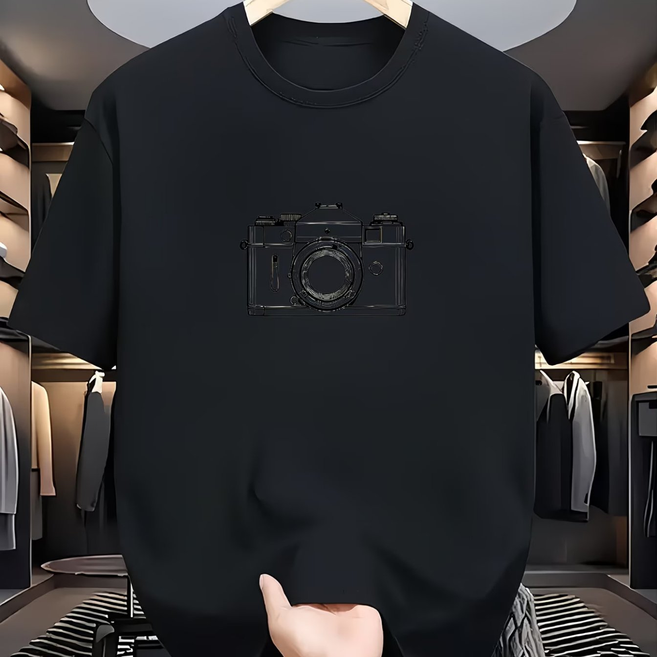 TEMU Men's Vintage Camera Print T-shirt - Retro Hip-hop Style Soft Breathable 100% Polyester Crew Neck Short Sleeve Shirt With Retro Camera Graphic,