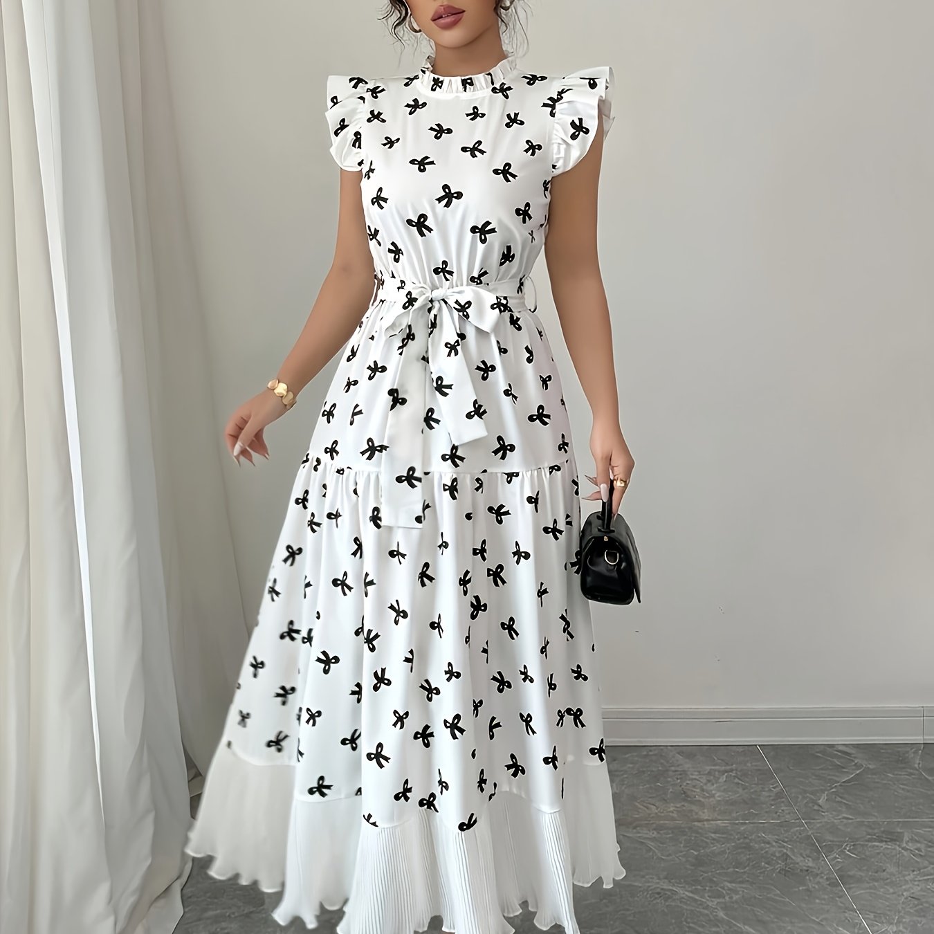 TEMU Print Round Neck Contrast Belt Elegant Dress For Spring And Summer