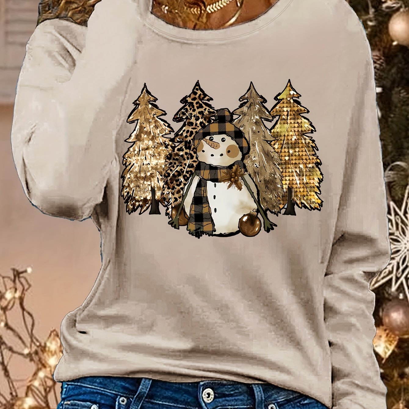 TEMU Women's Christmas Graphic Print Long Sleeve T-shirt - Festive Snowman & Pine With Leopard & Patterns, Soft Crew Neck Casual Top For Fall & ,
