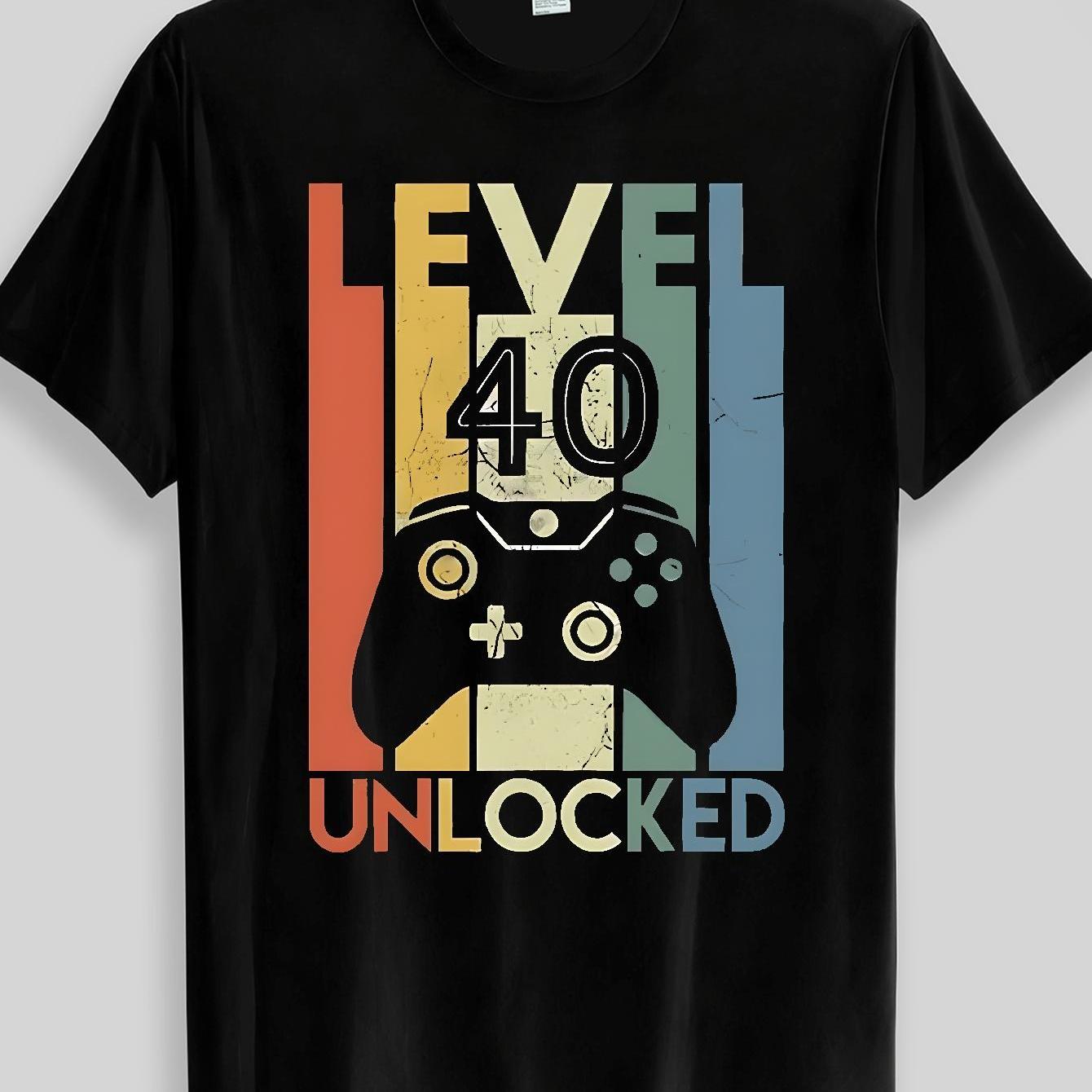TEMU Men's 40th Birthday Retro Gaming T-shirt - Level 40 Unlocked With Vintage Controller Graphic, Suitable For Gift, Casual Round Neck Tee For