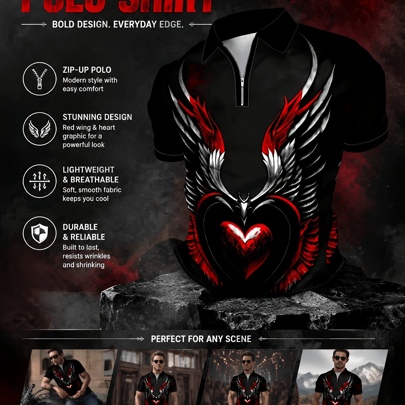 TEMU Men's Trendy Dark Style Heart Wing Print Short Sleeve Zip Shirt, Street Casual Cool Slim Comfortable Top New Summer