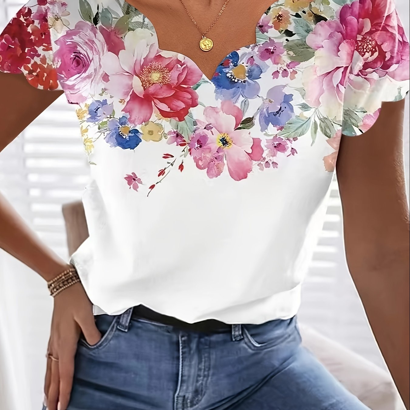 E-shop Sommermode Neue Schöne Temperament Kurzarm V-Ausschnitt Bluse Damen