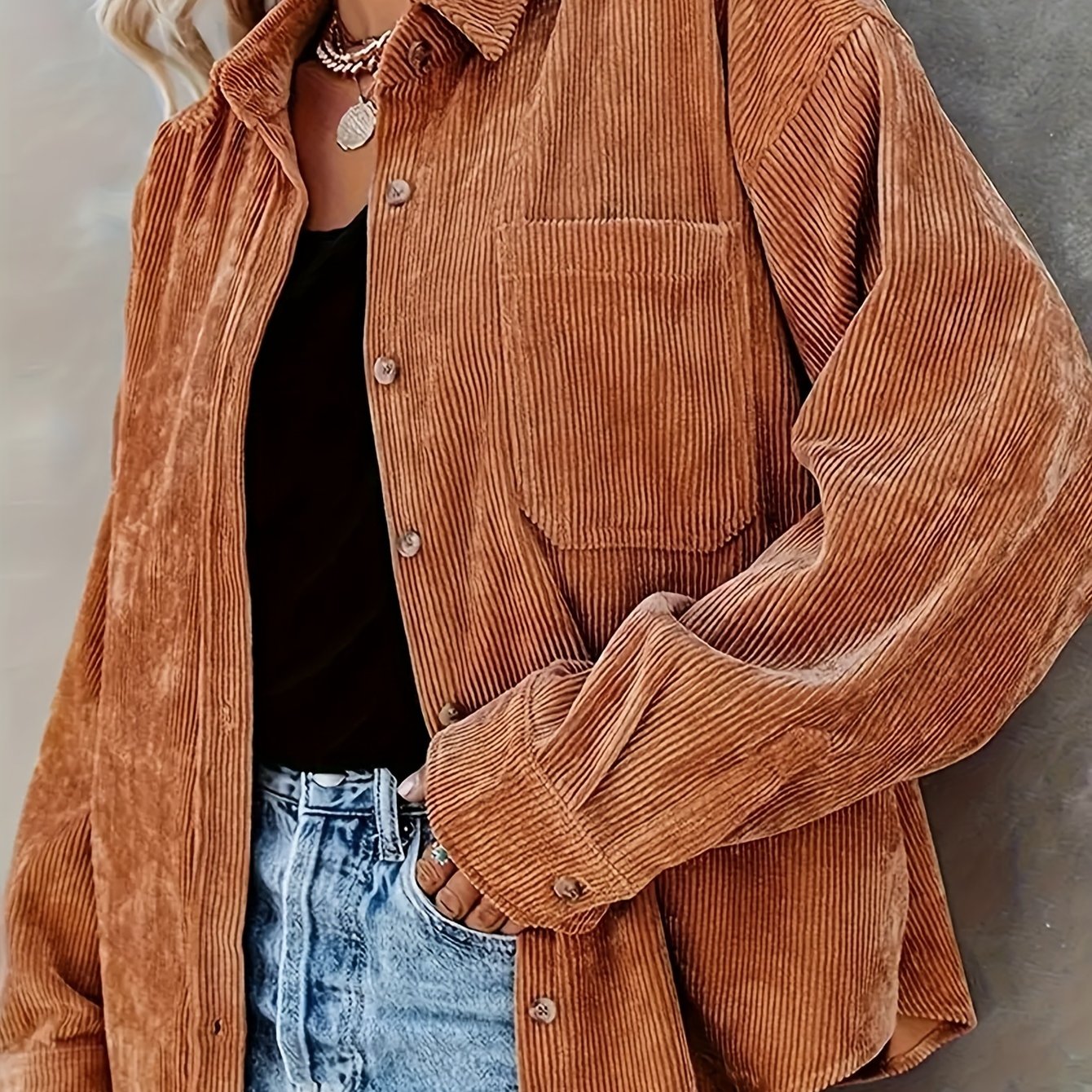 Plus Size Women's Casual Long Sleeve Corduroy Button-up Shirt - , Solid Color, Relaxed Fit, Machine Washable, Wear, Elegant Long Sleeve Button Blouses