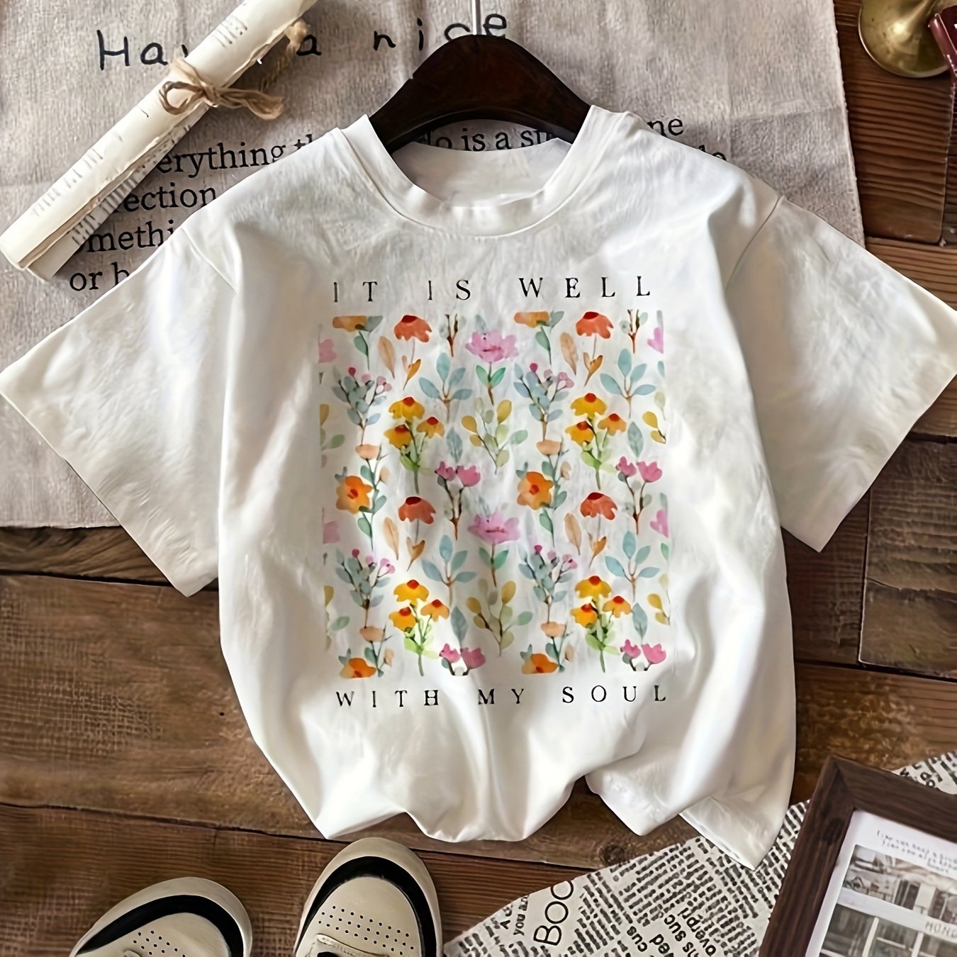 TEMU Floral & Letter Print Casual T-shirt, Crew Neck Short Sleeve Top For Spring & Summer, Women's Clothing