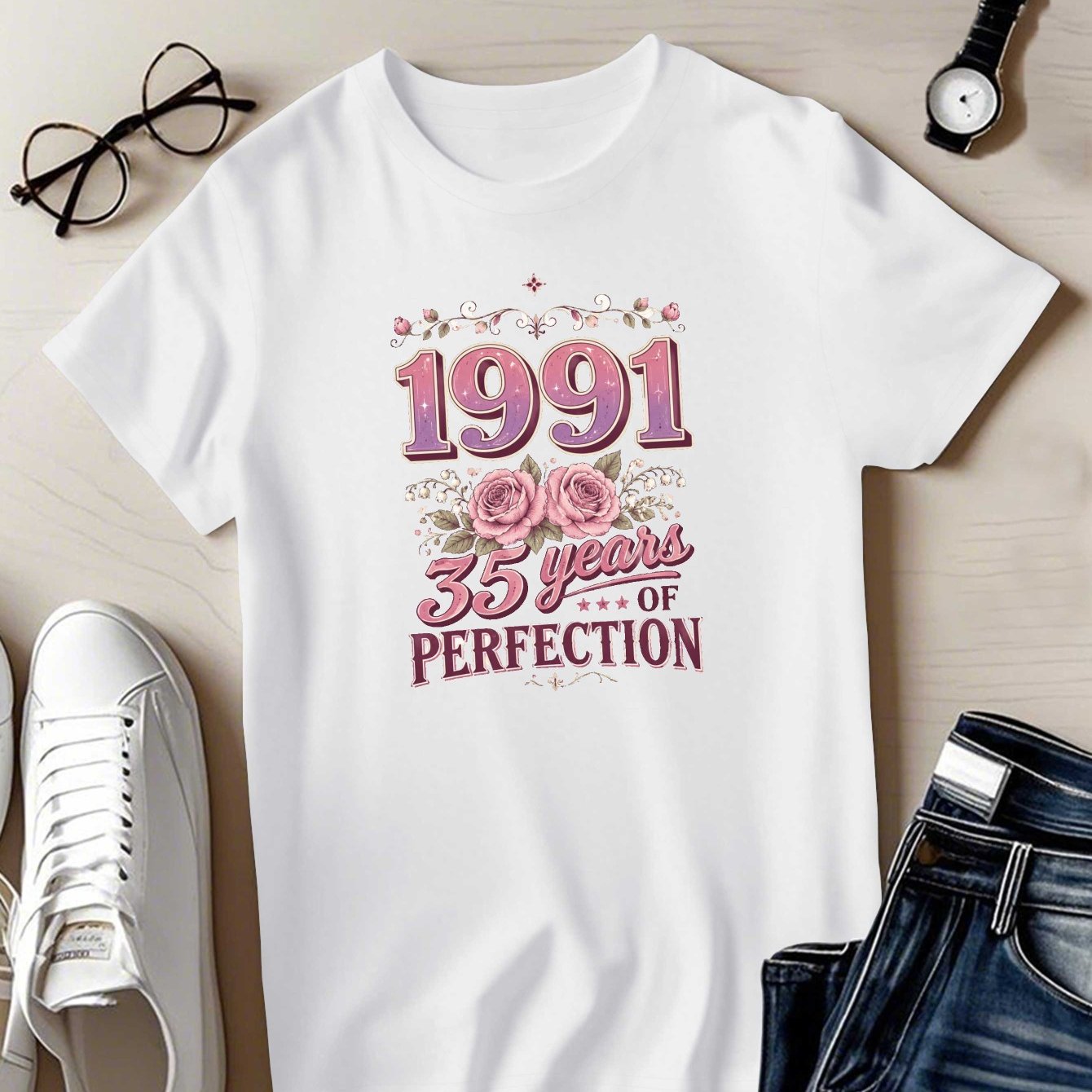 TEMU Retro 1991 Petal Perfection Print T-shirt, Short Sleeve Crew Neck Casual Top For Summer And Spring, Women's Clothing