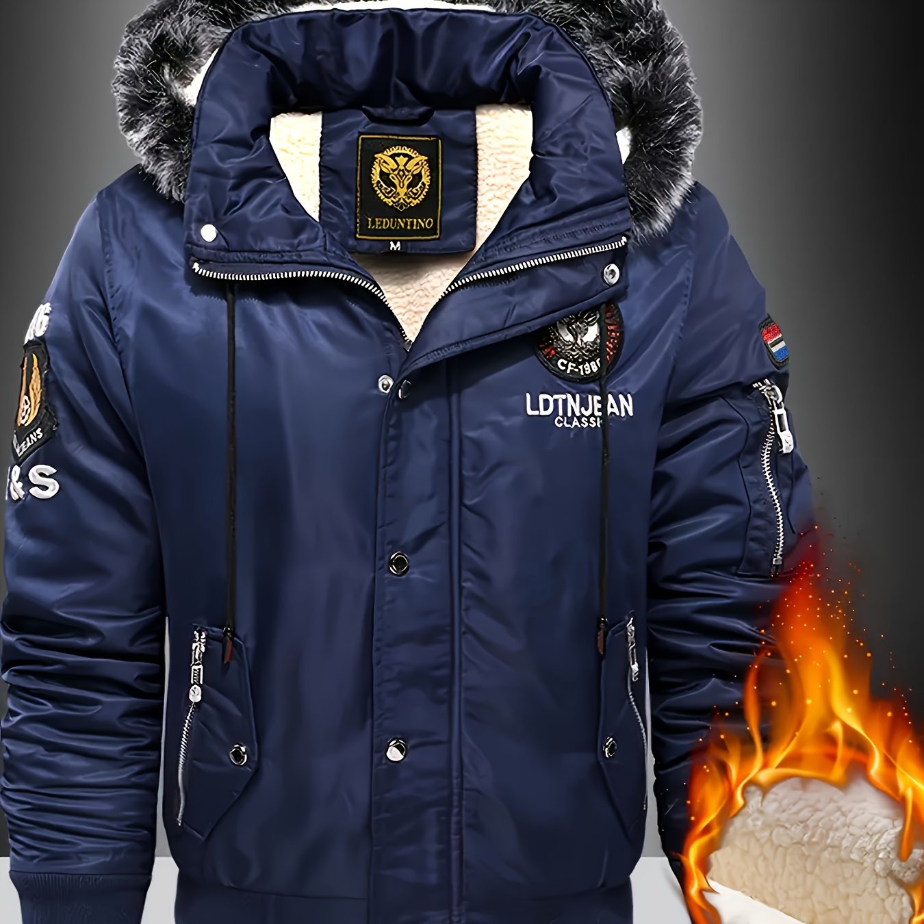 TEMU Men's Thickened Winter Jacket - Warm Hooded Outerwear With Zippered Pockets, Thickened Cold-proof Coat, Polyester Lining, Suitable For Weather,