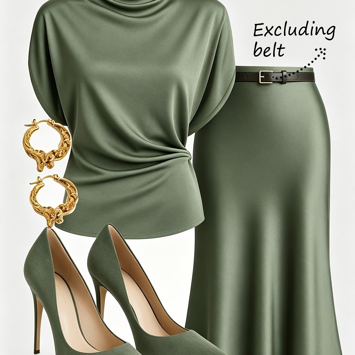 TEMU Spring Summer Autumn New Women's Clothing, Fashionable, Elegant, Intellectual Temperament Satin Skirt Set. Smooth Satin High-neck Short Sleeve