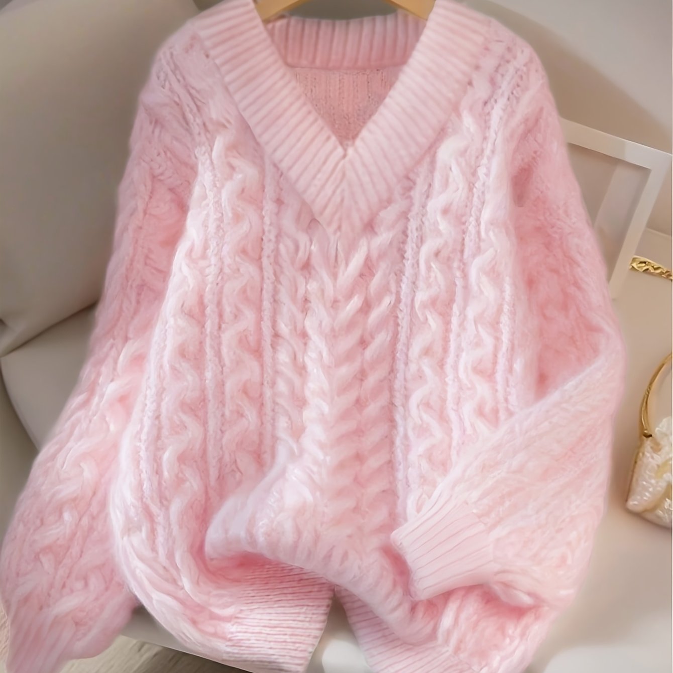 Image of New Women's Loose Pink Lazy Style V-neck Thick Jacquard Pullover Sweater, Suitable For Autumn And Winter, Versatile Women's Clothing