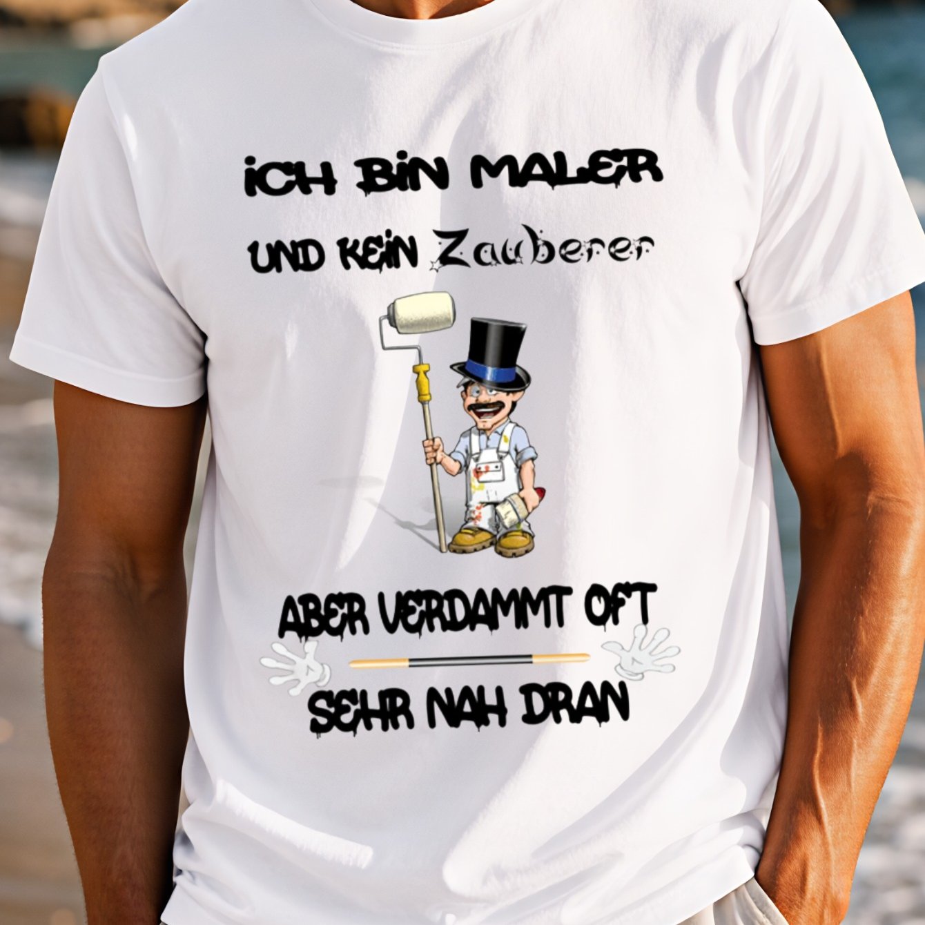 Men's T-shirt Painter Humor T-shirt With German Ich Bin Maler Text Cartoon Painter Roller And Magic-wand Joke With High-contrast Graphic Print Layout