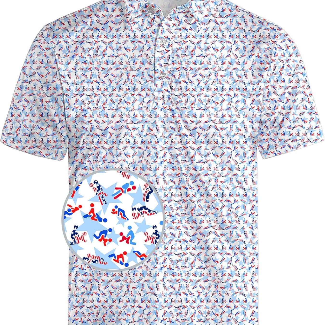 TEMU Men's Casual Shirt, Fashionable Men's Collarless Shirt, Short Sleeve Cartoon Pattern Shirt, Suitable For Outdoor Wear, Vacation Attire