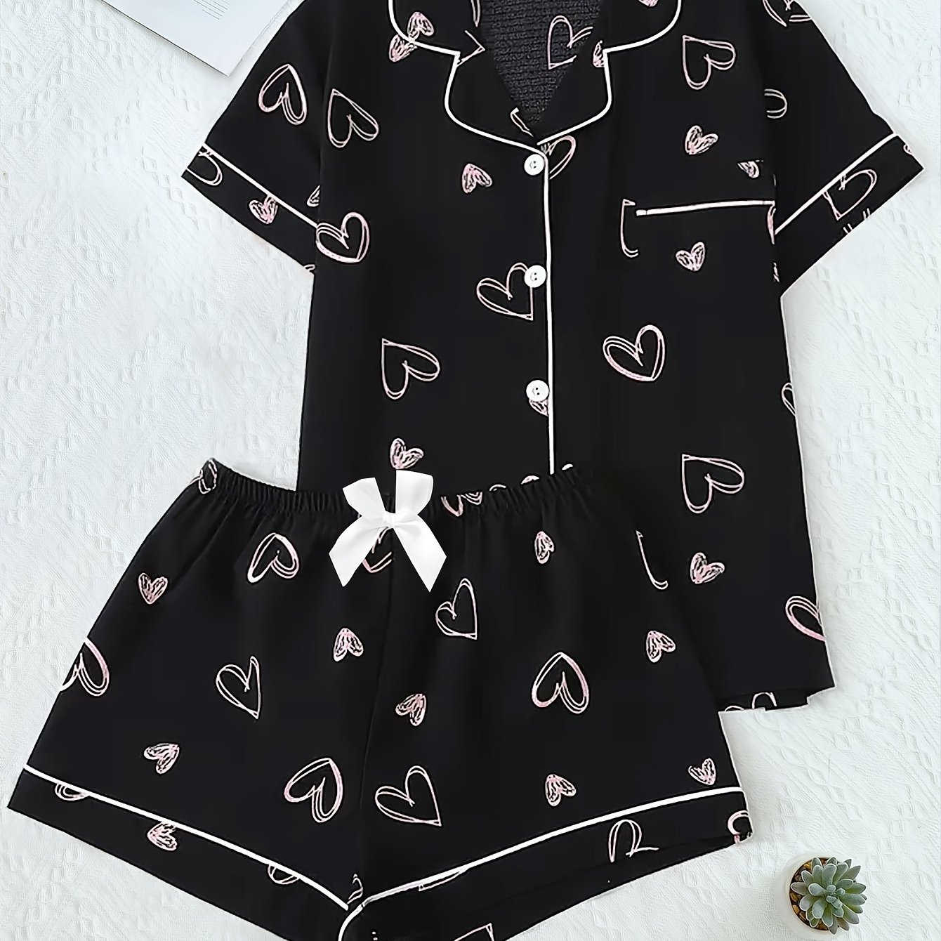 TEMU Summer Print Pajama Set, Open Front Short Sleeve Top And Elastic Waist Shorts, Casual Comfortable Loungewear