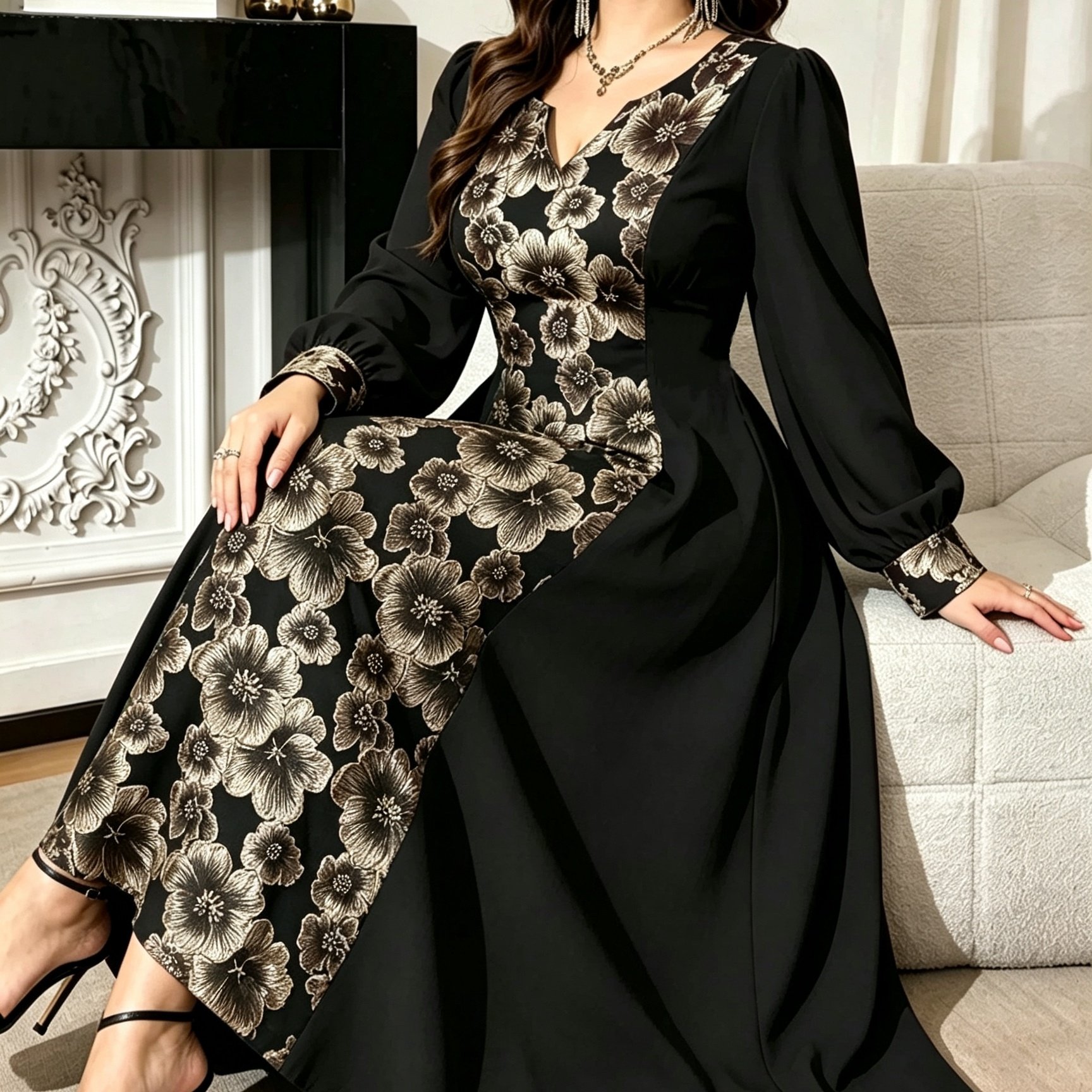 TEMU Plus Size, Plus Size Women's Elegant V-neck Floral Long Formal Evening Gown, V-neck / Waist-cinching Cut / Vintage Jacquard 3d Floral / Lantern