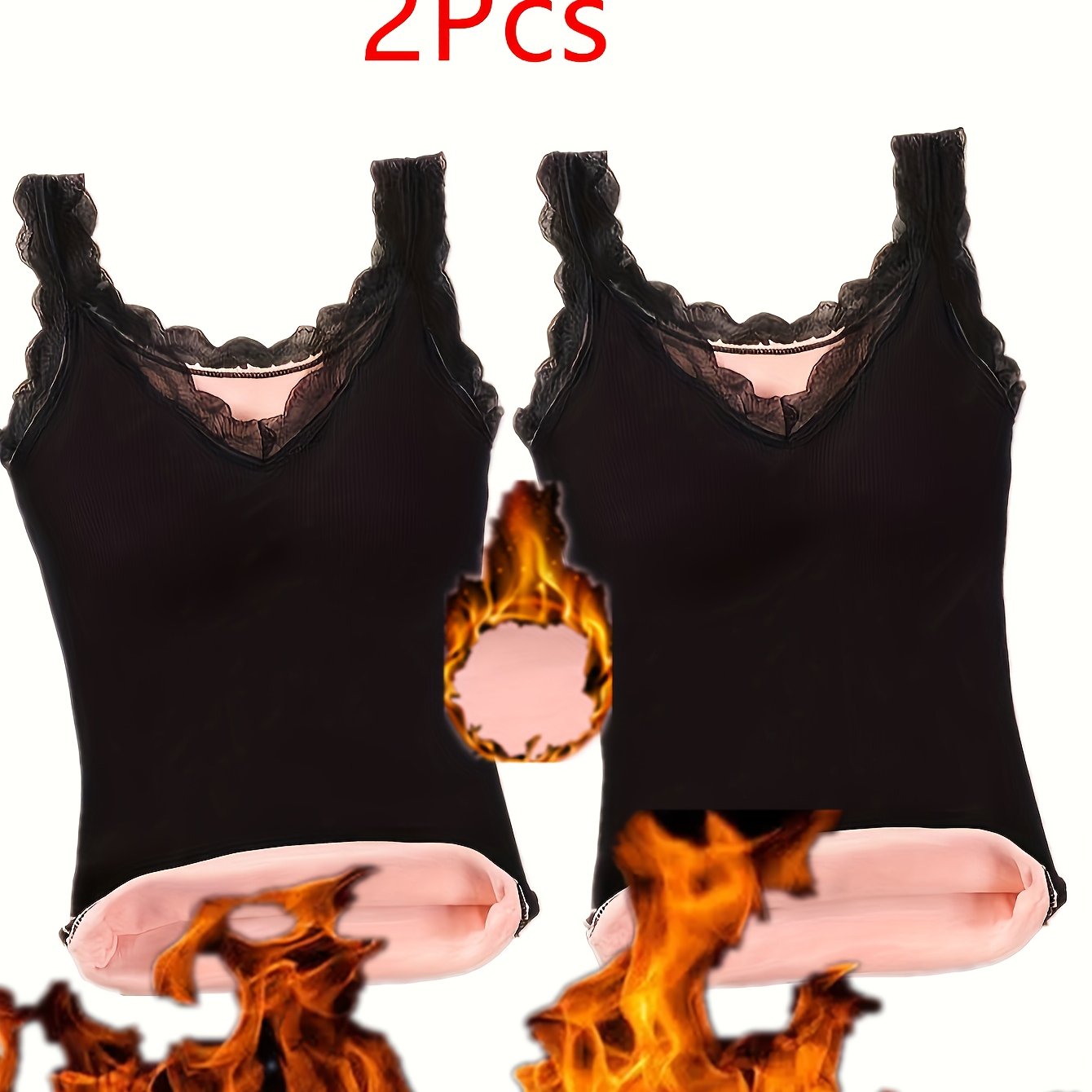 2pcs Set Warm Vest V-neck Camisole Lace Strappy Padding Base Layer Fleece Thick Warm Underwear Women