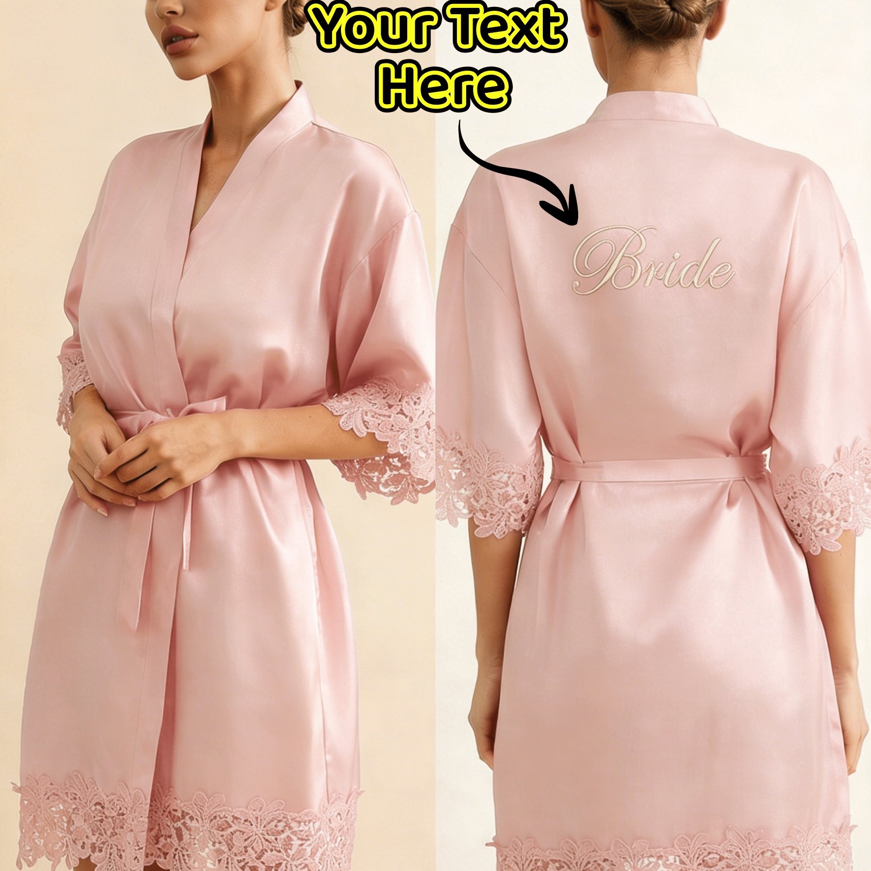 TEMU Custom Women's Luxurious Robe, Embroidered Personalized Name, Message, Birthday Anniversary Date V-neck Kimono Style Nightgown, Lace Trim Short