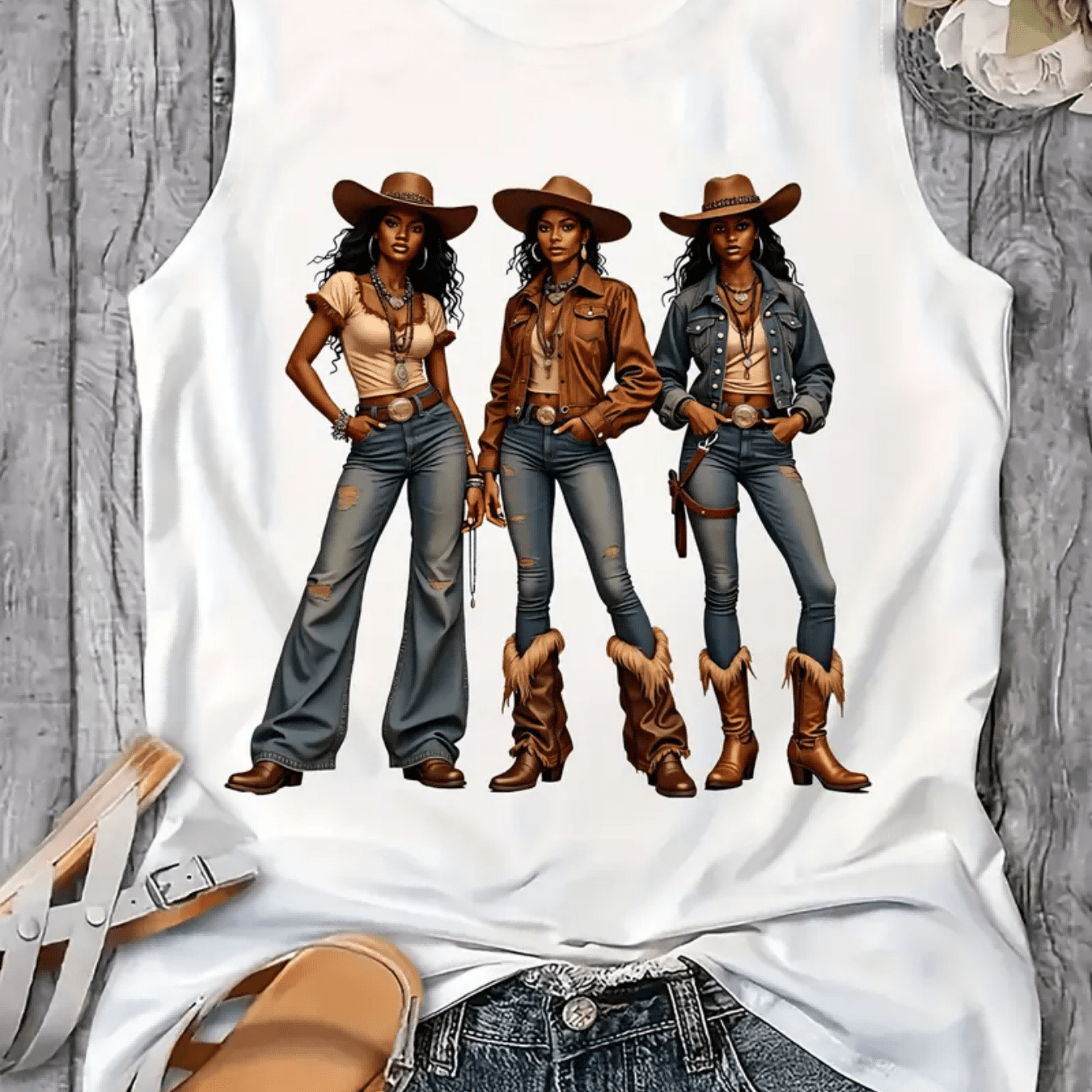 TEMU Western Style Denim Printed 160g Women's Casual Round Neck Vest, Spring And Summer Women's Vest, , Machine Washable, Surprise Gift For Valentine's Day, New Year And Other Holiday