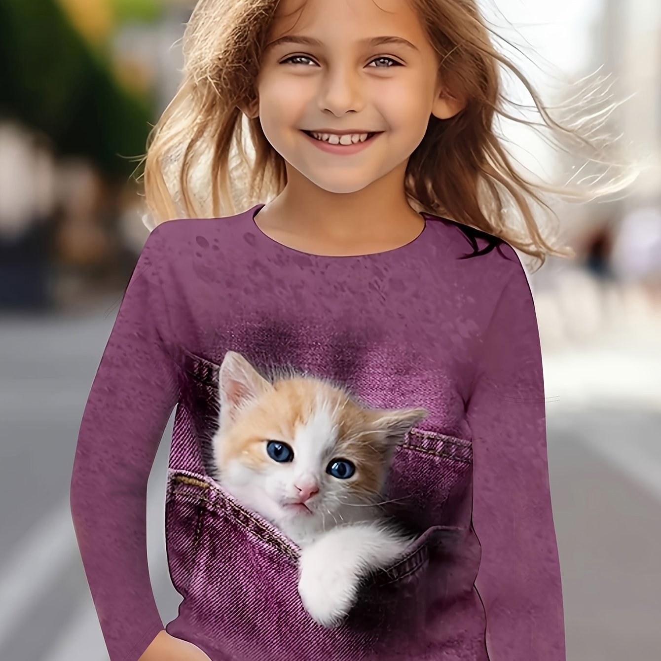 Girls' Soft Cat Print Fashion Long Sleeve T-shirt