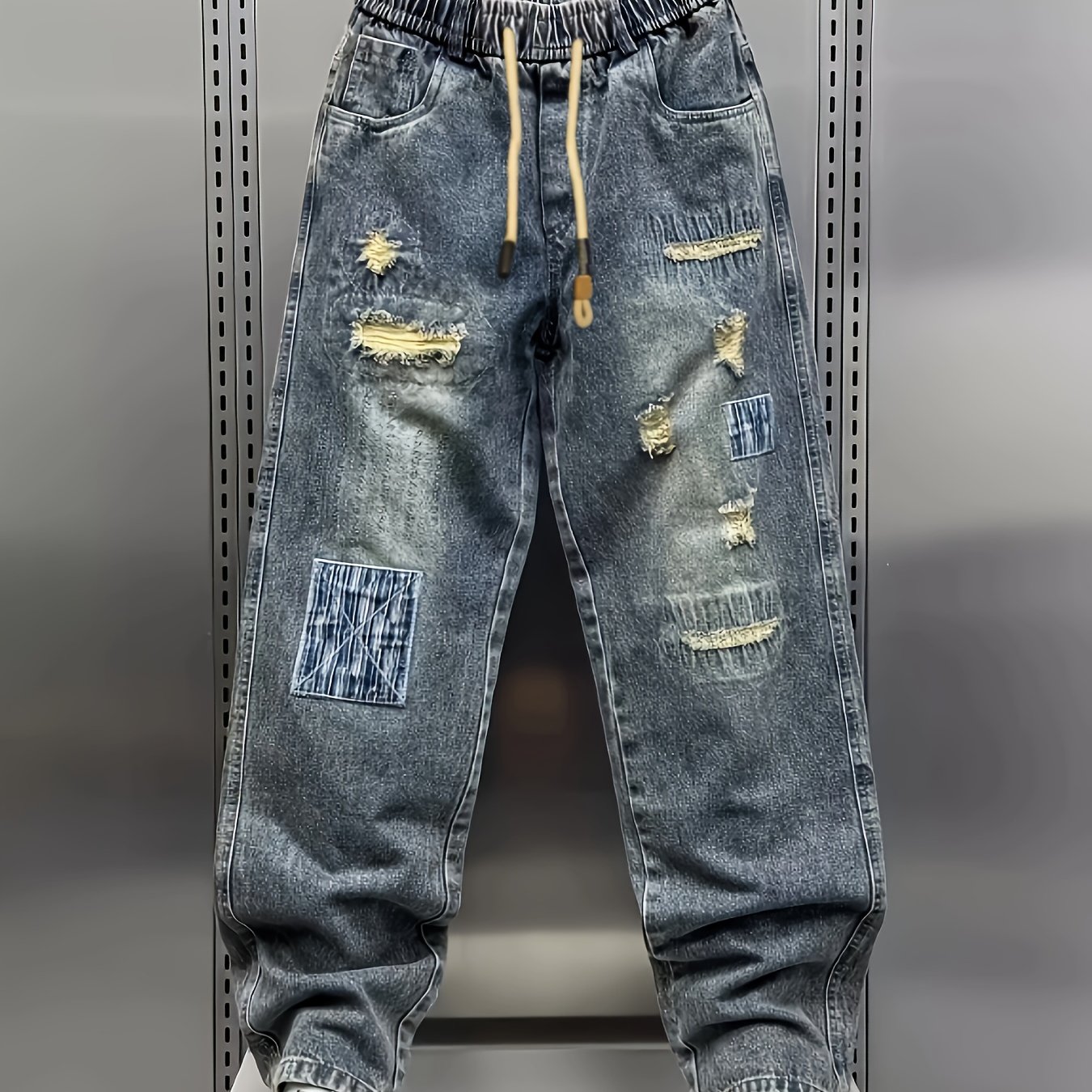 Image of Geng Yuan Original Goods Ripped Hole Cut And Rot Elastic Waist Casual Harem Pants Personalized Fashion Versatile Jeans Long Trousers