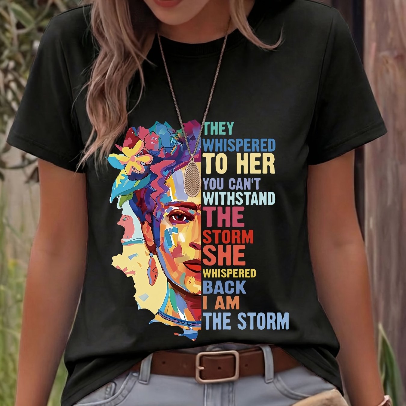 Image of Plus Size, Summer Casual Women's Top, , Floral Print, Portrait " To Her You" Printed Round Neck Short Sleeve T-shirt, 1