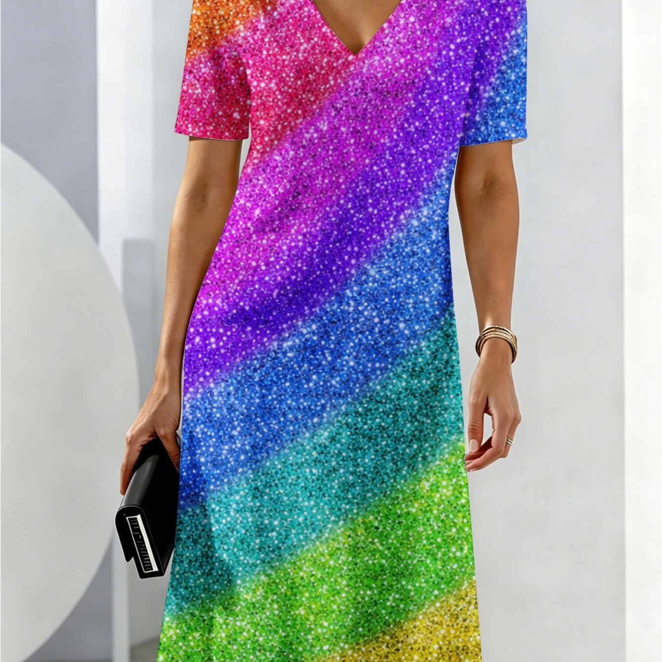 Women's Summer Dresses Rainbow Gradient Sparkle Print Dress Breathable And Comfortable Summer Wear Deep V-neck For Her Party Dress