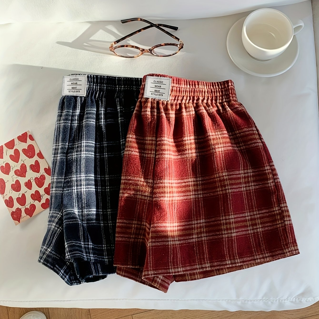 Image of 2pcs Women's Y2k Style Shorts - Multicolor , Elastic Waistband, Machine Washable, Dark Checkered Patterns, Casual Summer Wear | Apparel | No Stretch Fabric