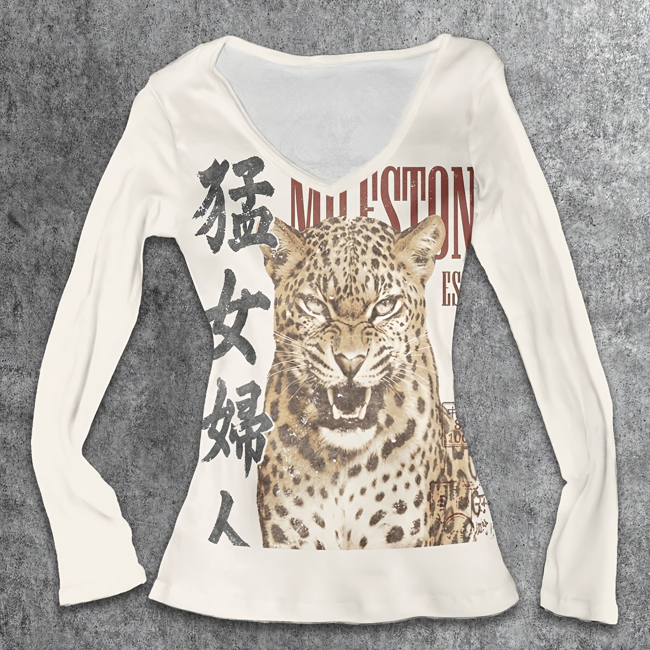 TEMU T-shirt vintage à manches longues et col en V à imprimé léopard, coupe ajustée à motif de chinois, streetwear décontracté à manches longues
