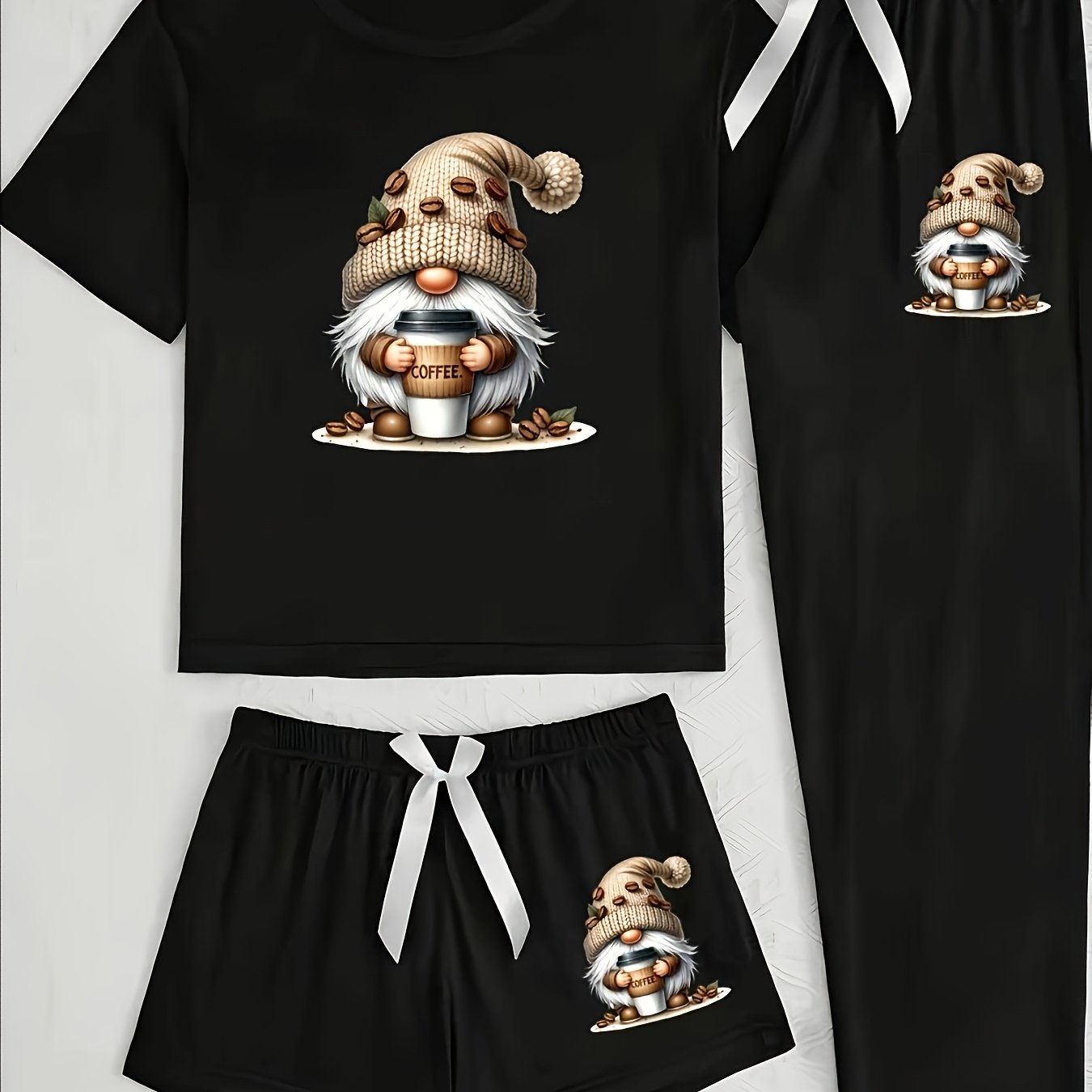 TEMU 3pcs Set Cartoon Dwarf Casual Pajama Set For Women | Short Sleeve T-shirt And Shorts With Long Pants, Crew Neck, Bow Details