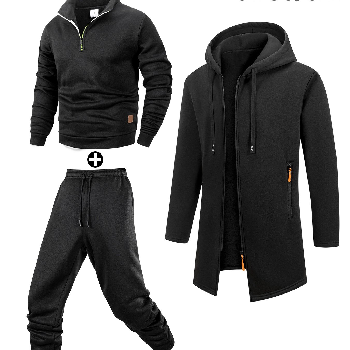 TEMU Men's Mid-length Hooded Jacket And Collar Half-zip Sweatshirt And Warm Trousers 3pcs Set, Solid Color Casual Sporty Style, Contrast Color Zipper