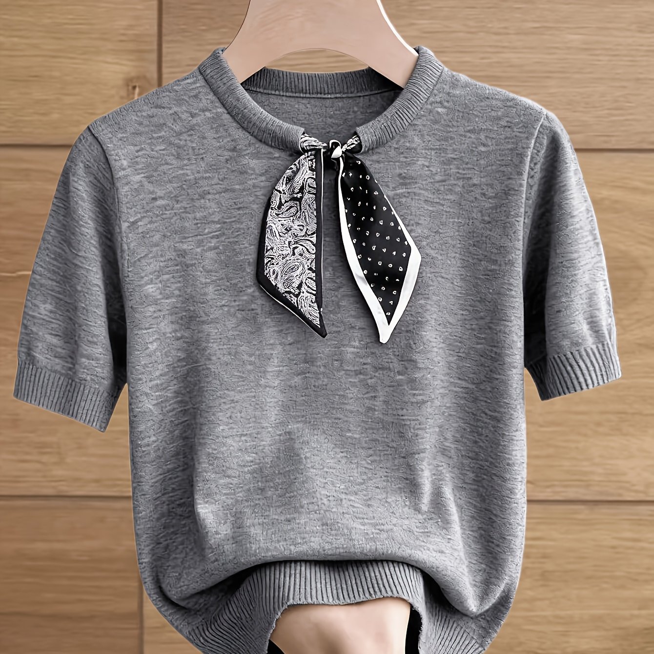 TEMU Haut à manches courtes élégant et décontracté grande taille avec col rond contrasté et nœud, style français, patchwork à pois et , idéal pour