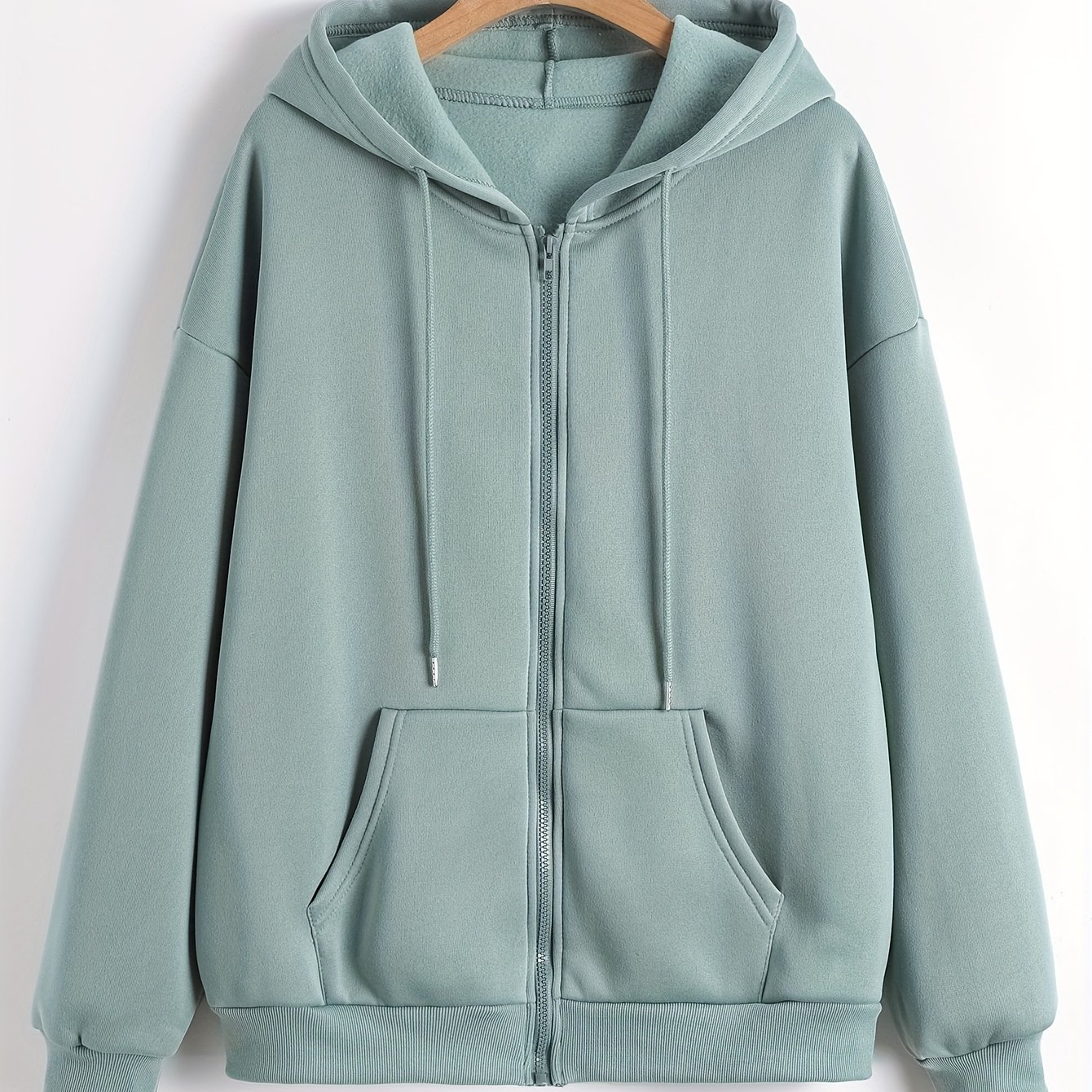 TEMU Solid Color Zipper Front Kangaroo Pocket Hoodie, Casual Drop Shoulder Long Sleeve Drawstring Hoodies Sweatshirt, Women's Clothing