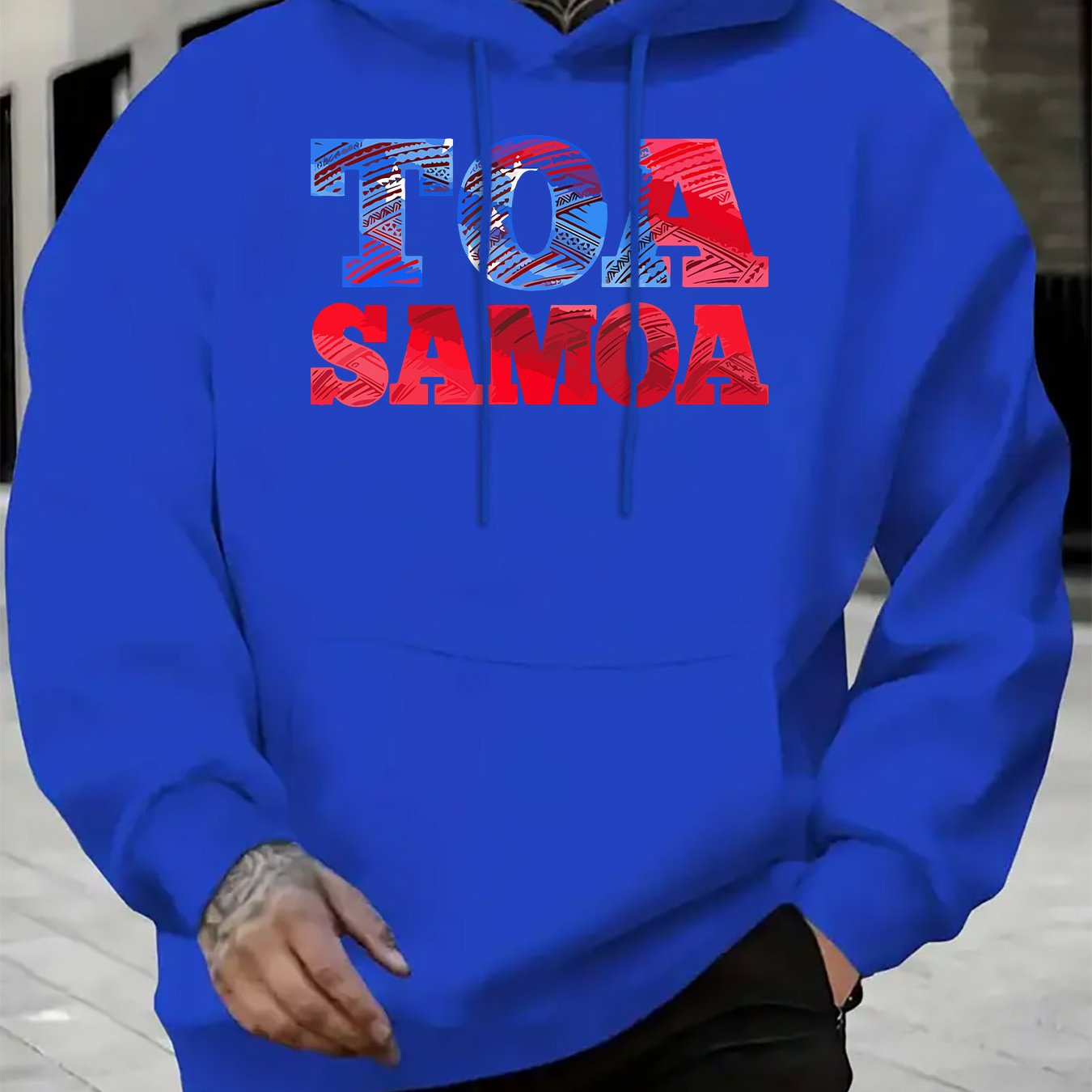 TEMU Samoan Warrior Print Men's Hoodie - Black Casual Pullover With Front Pocket, Long-sleeve Warm Hoodie For Autumn And Winter, Machine Washable