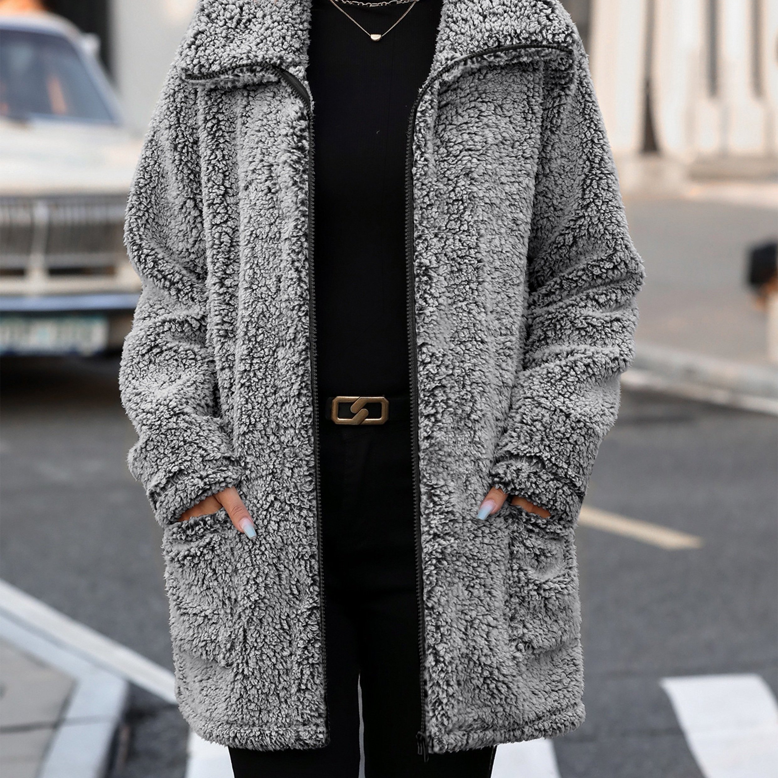 Plus Size, Ladies' Plus Size Elegant Plush Thickened Coat With Pockets And Zipper, Suitable For Autumn And Winter Wear