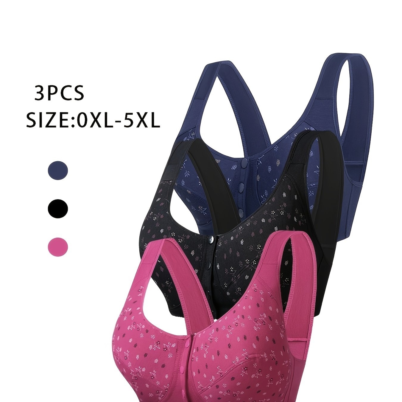 TEMU 3pcs 26ss Women's Plus Size Printed Bra, Front Closure Full Coverage Cup, Wire-free And Padding-free, -friendly And Comfortable Underwear,