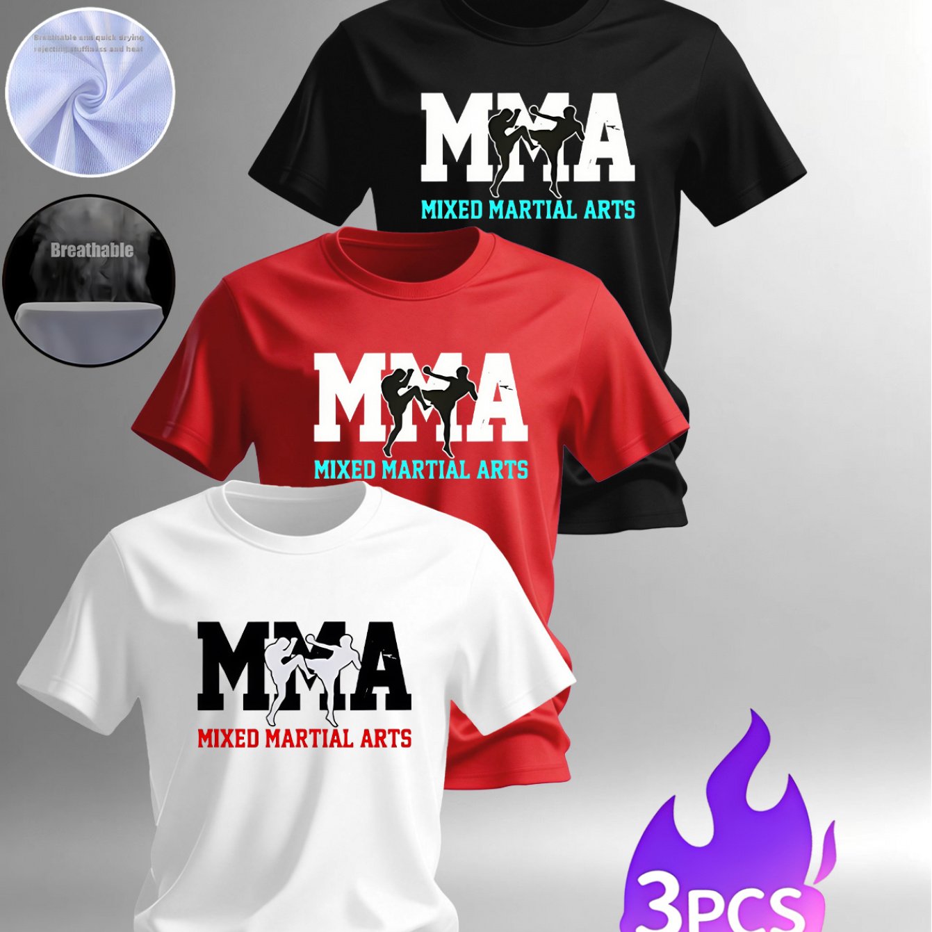 TEMU Men's 3pcs Mma-themed Graphic T-shirt Set, Combat , Options, Suitable For Daily Fitness And Commuting, Effortlessly Exuding A Tough Trendy Vibe
