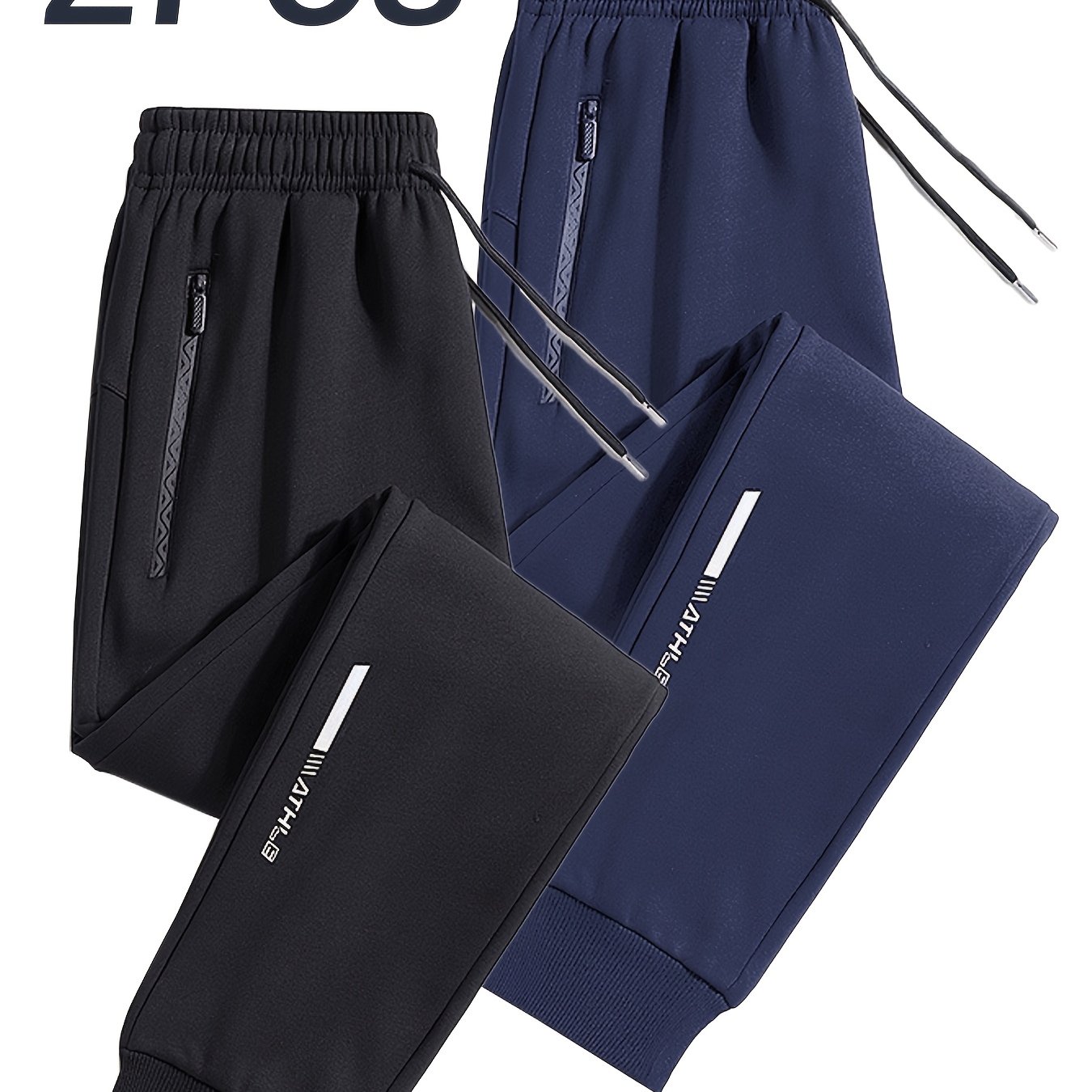 Image of 2pcs Men's Casual Jogger Pants Set With Reflective Letter Print, Dual Zipper Pockets, Ideal For , Outdoor Activities, And Holiday Gifts