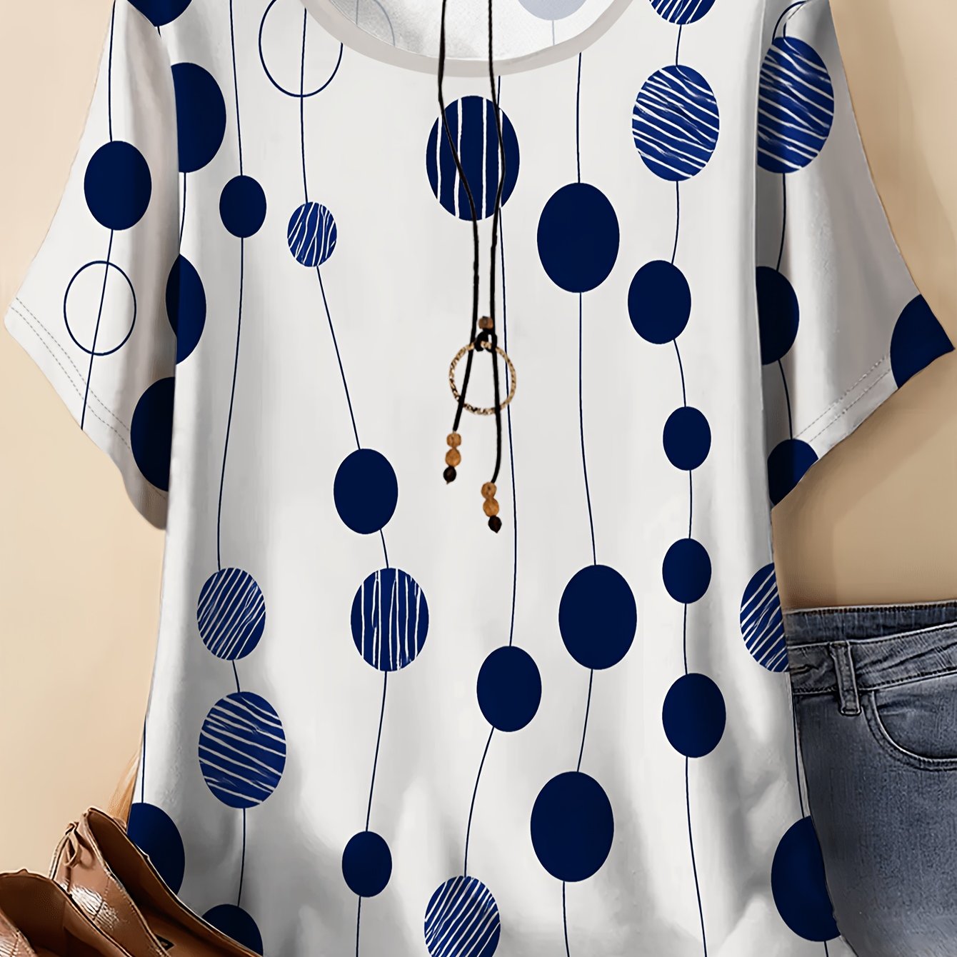 TEMU Plus Size - Plus Size - Women's Plus Size T-shirt - Polka Dot Print, Pattern Shirt, Round Neck Short Sleeve Casual Top, Relaxed And Comfortable,