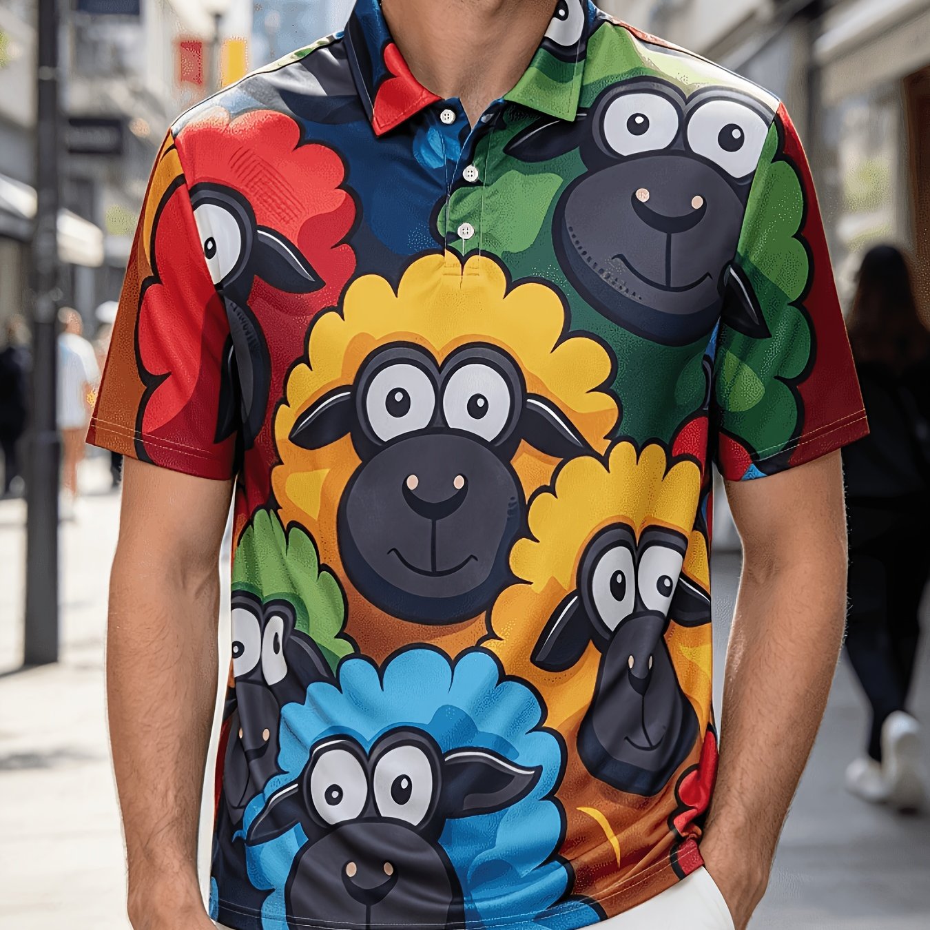 TEMU Men's New Summer Shirt, Colorful Cartoon Lamb Head Print Collared Shirt, Slim Fit Daily Party Casual Short Sleeve Top