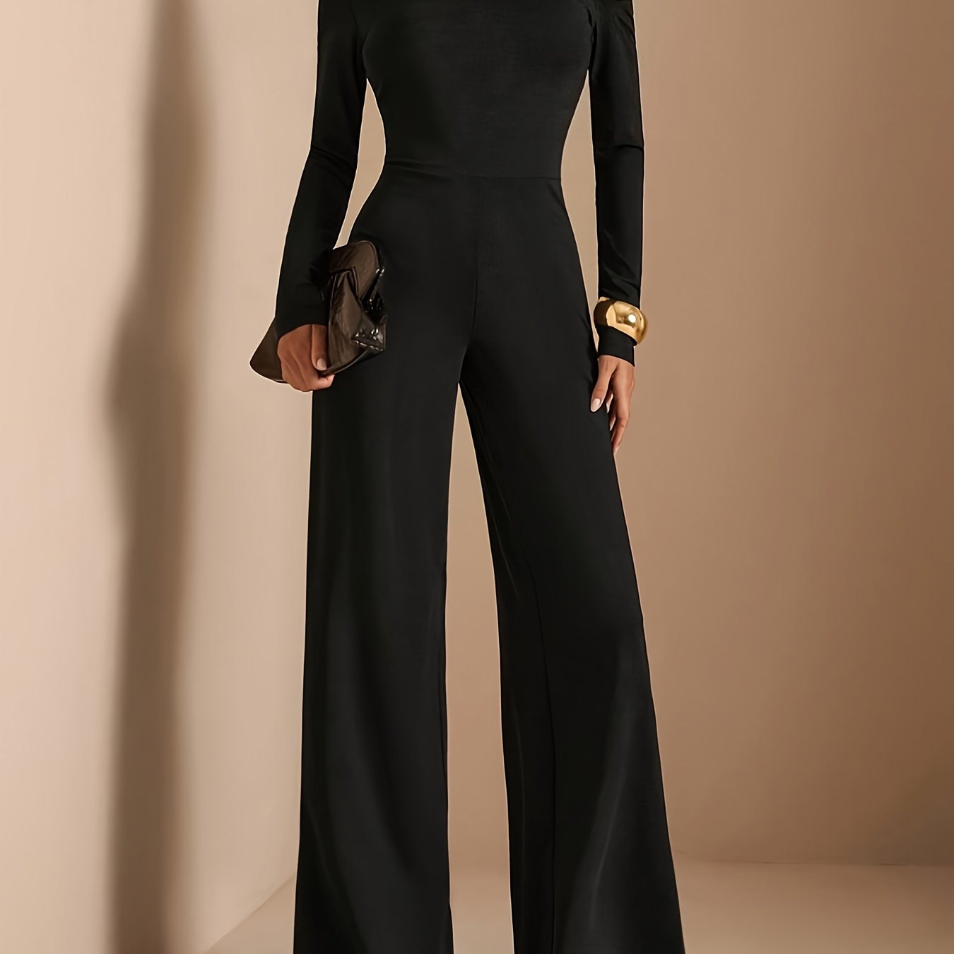 E-shop Eleganter Asymmetrischer Off-Shoulder Langarm-Romper mit Weitem Bein für Damen, Einfarbiger Schwarzer Freizeit-Jumpsuit für Frühling Sommer
