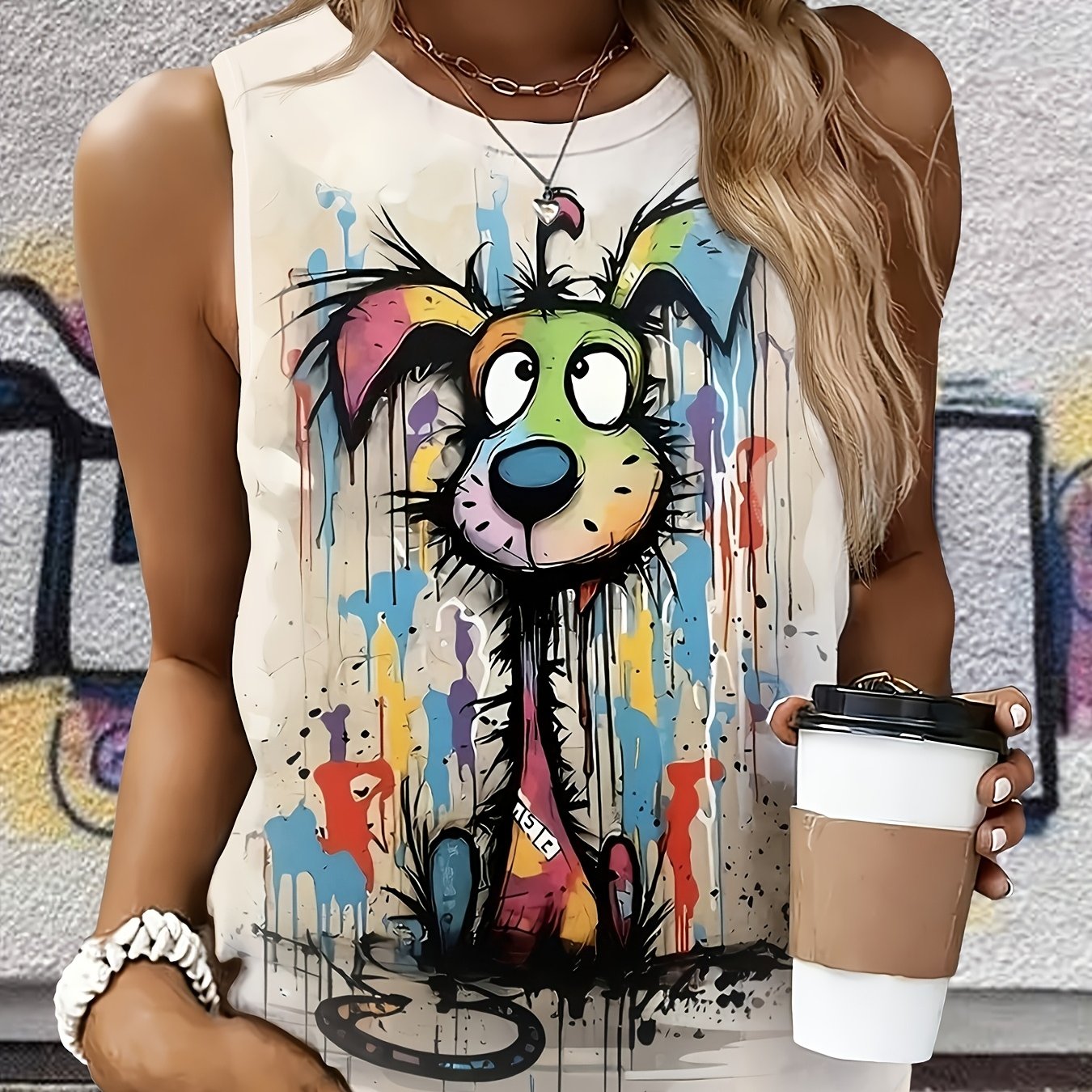 TEMU 1pc Round Neck Women's Printed Camisole, Print, , Graffiti Style Puppy Pattern, With Colorful Splatter Texture, Rich Layered Image, Suitable For
