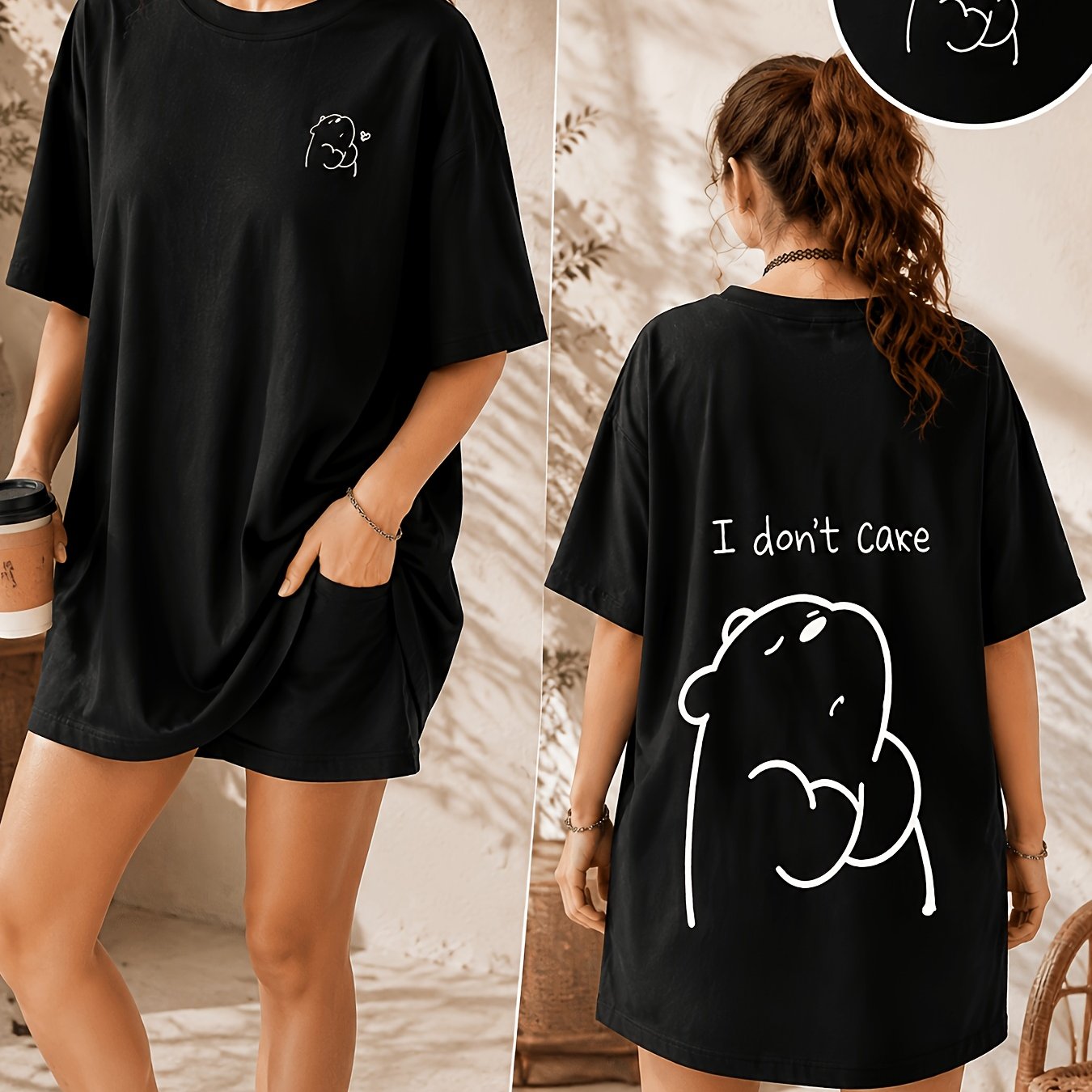 TEMU Plus Size - 1pc Women's 180g Pure Round Neck Short Sleeve T-shirt, Gift, Short Sleeve T-shirt For Mom, Summer Design With Cartoon Print, Pure