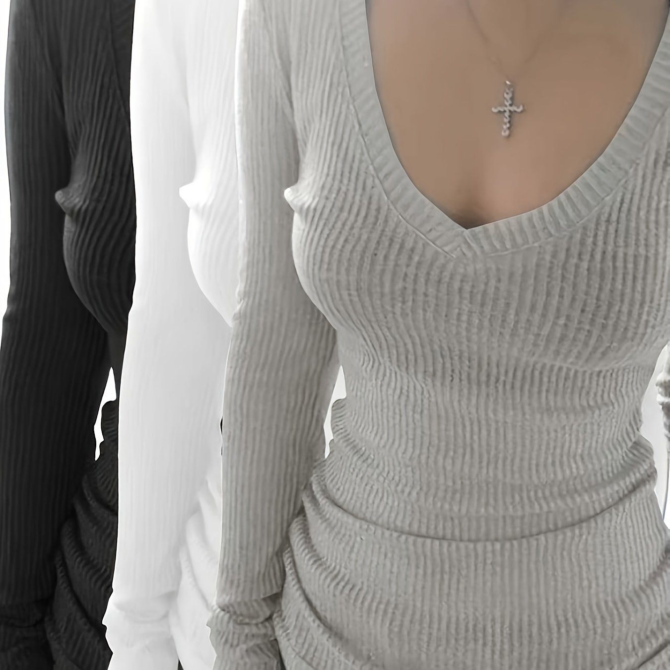 Image of Plus Size, Three--size Women' Color V-neck Long-sleeve T-shirts, Ribbed Texture, Casual Autumn And Winter Sweater Tops For Women