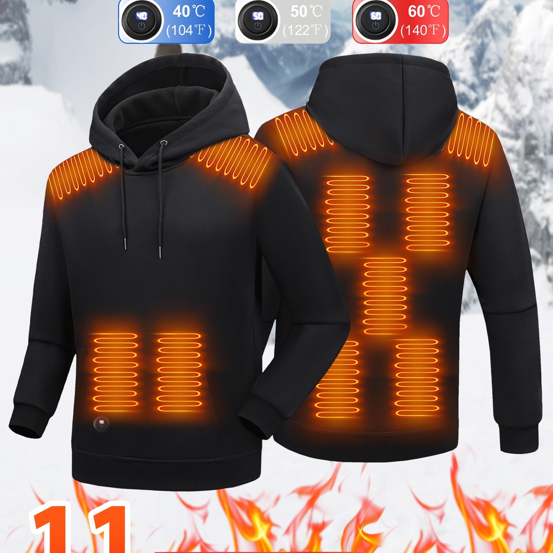 TEMU Smart Heated Hoodie With 11 Heating Zones, 3 Adjustable Temperature, -up Casual Solid Color, Long Sleeve, Hooded Sweatshirt For Men Women Winter