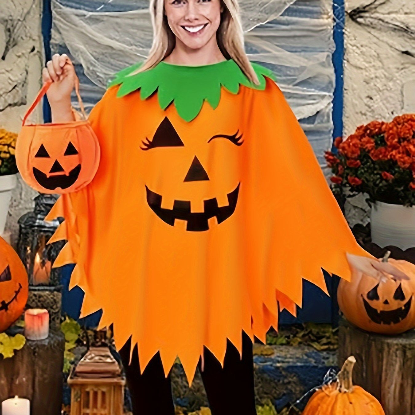 Women's Halloween Pumpkin Cape Costume, Cute Round Neck, Polyester & Spandex, Festive Knit Fabric, For Stage Party Performance