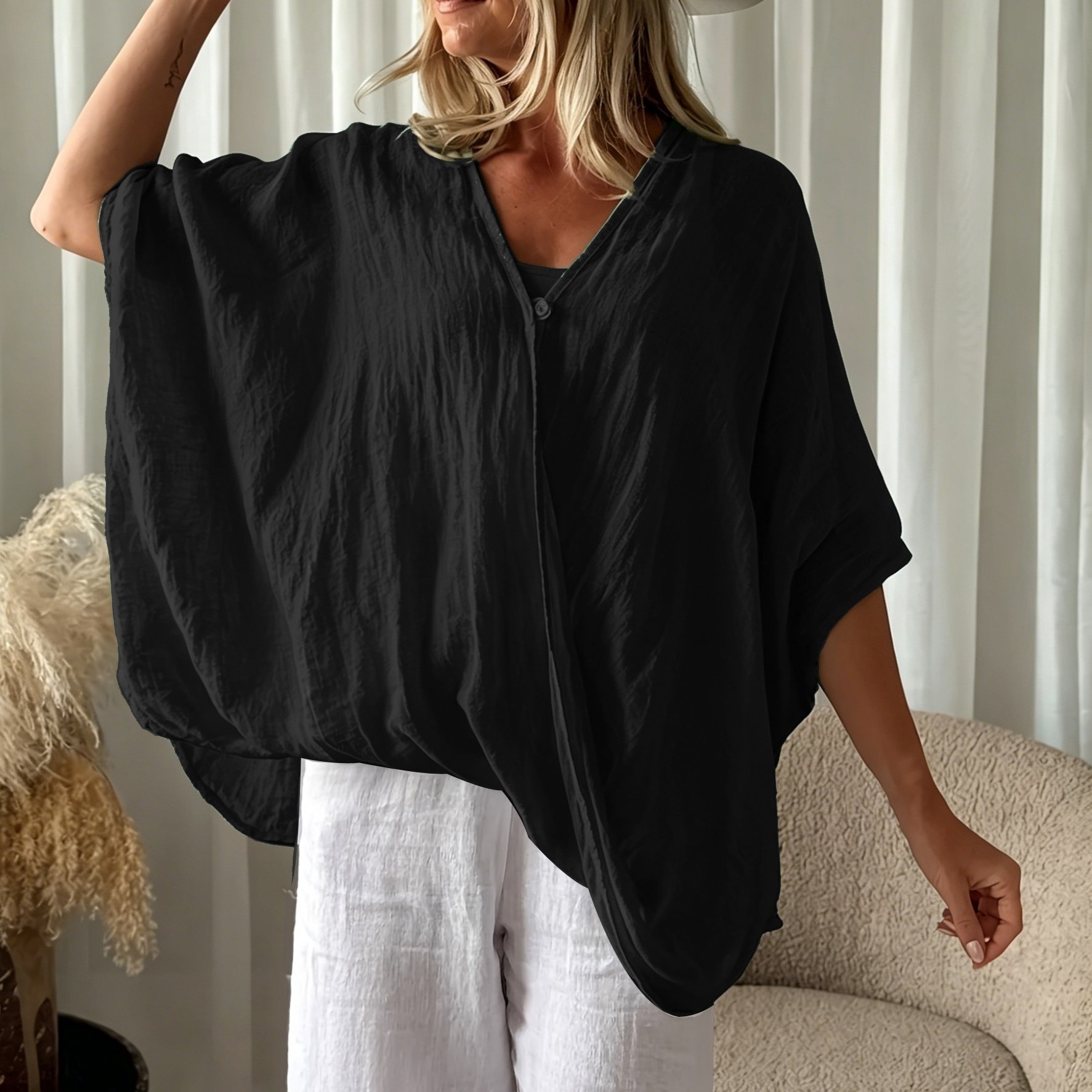 Image of Plus Size - Bohemian Blouse Women's Loose V-neck Batwing Sleeve Beach Vacation Cover-up
