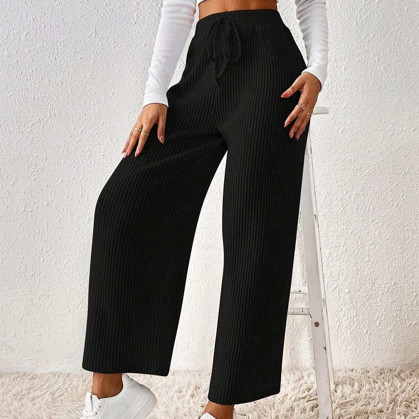 Image of Spring/autumn New Arrival: Women's High-waist, Elastic Waistband With Drawstring, Elegant And Intellectual Style, Casual Loose-fit Wide-leg Cropped Pants With Vertical Stripes